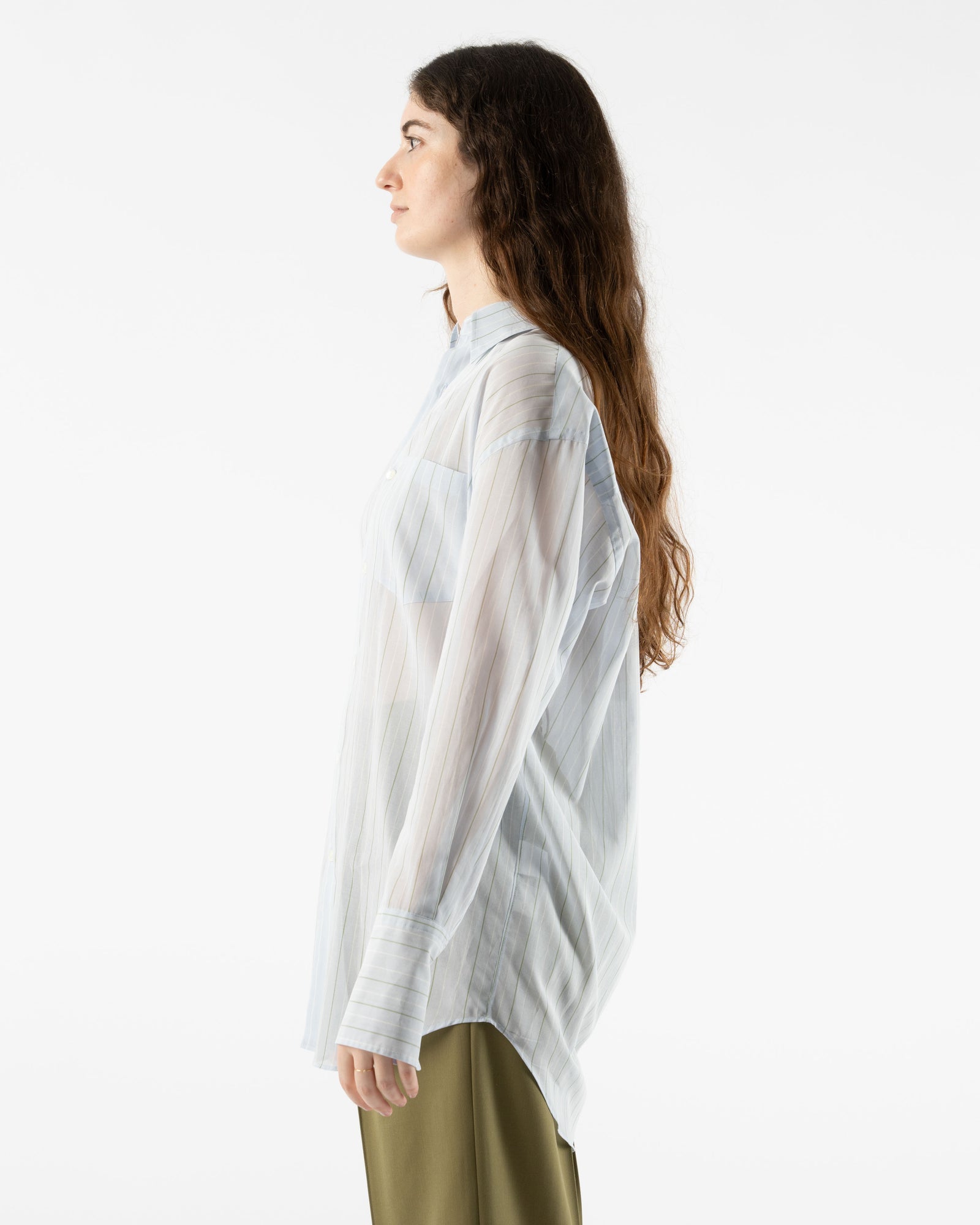 Auralee Hard Twist Finx Organza Stripe Shirt in Light Blue Stripe Curated  at Jake and Jones