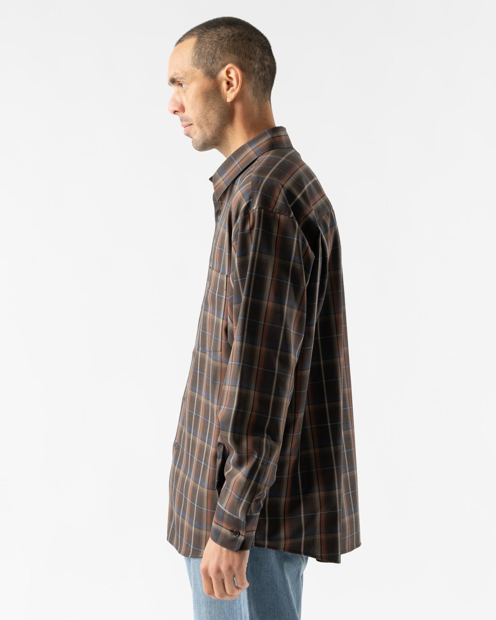 Auralee Super Light Wool Check Shirt in Dark Brown Check Curated at Jake  and Jones