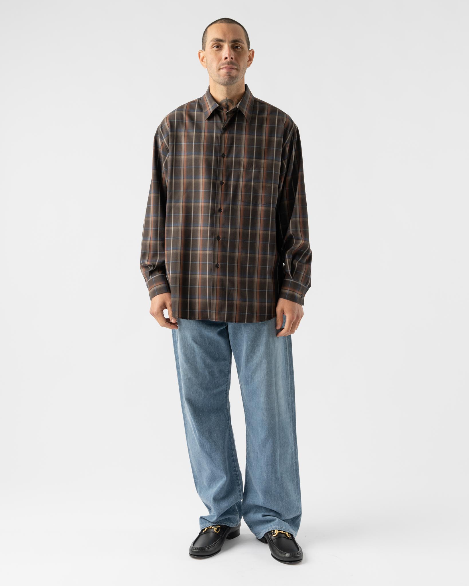 Auralee Super Light Wool Check Shirt in Dark Brown Check