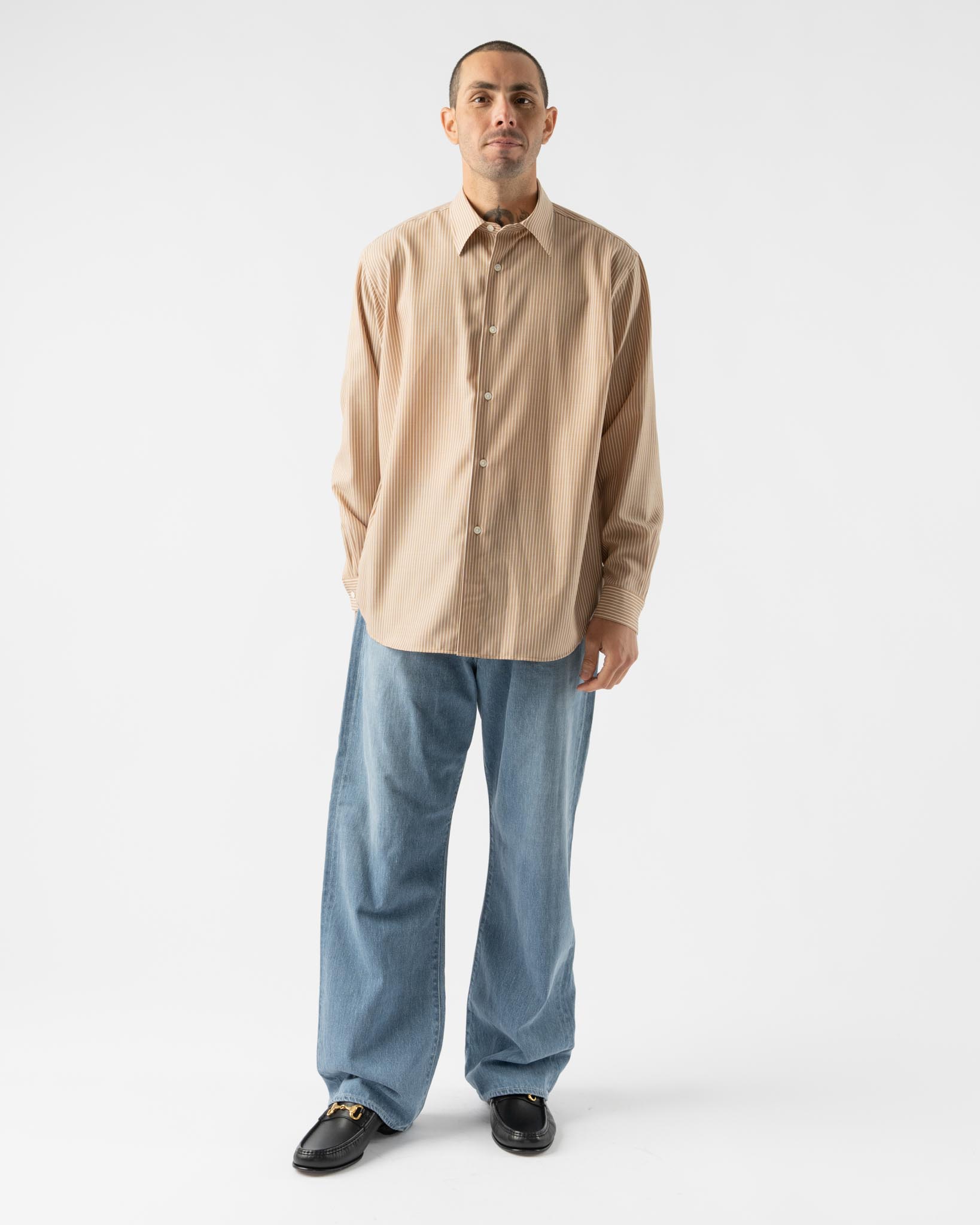 Auralee Super Fine Wool Striped Shirt in Light Brown Stripe