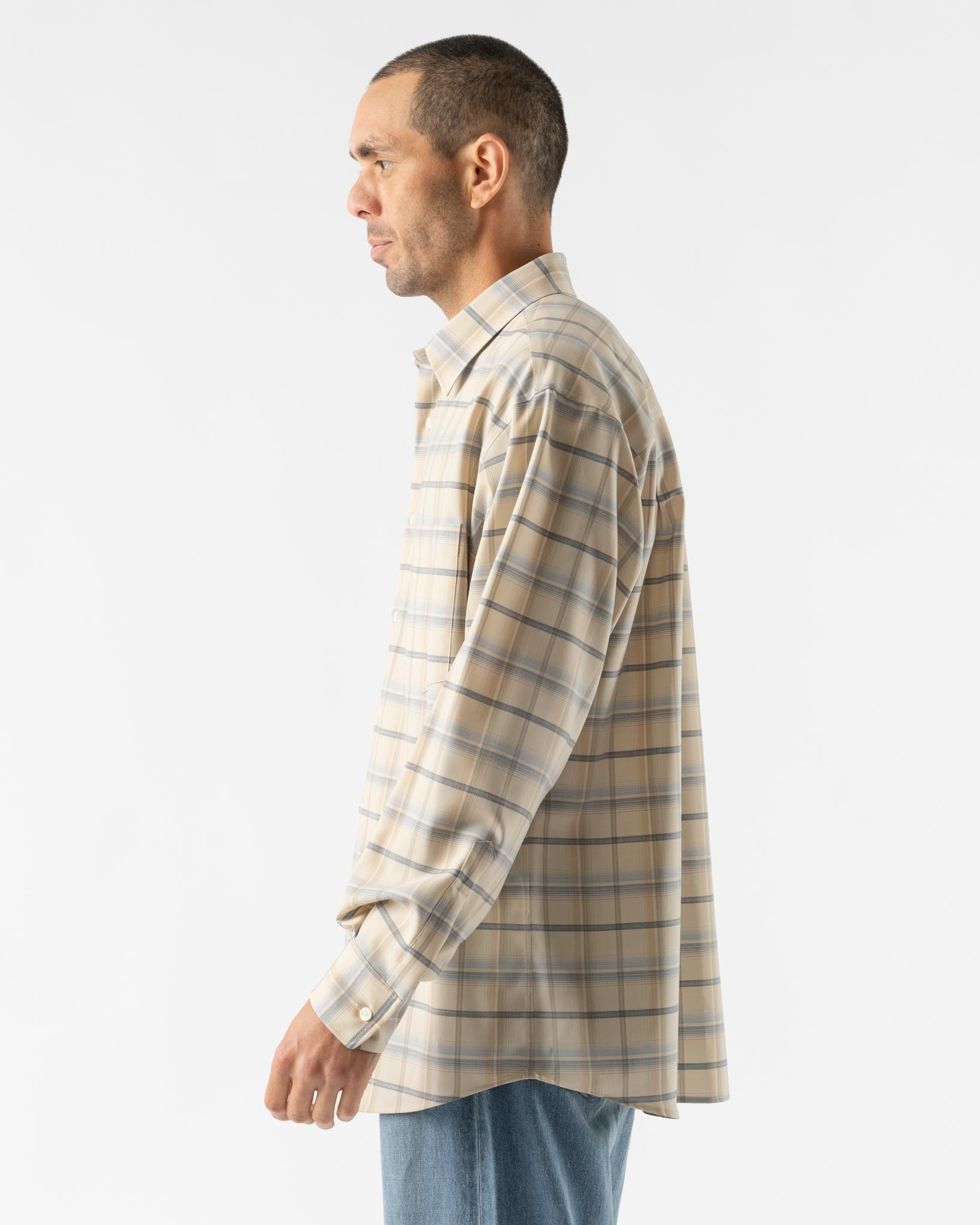 Auralee Super Light Wool Check Shirt in Light Beige Check