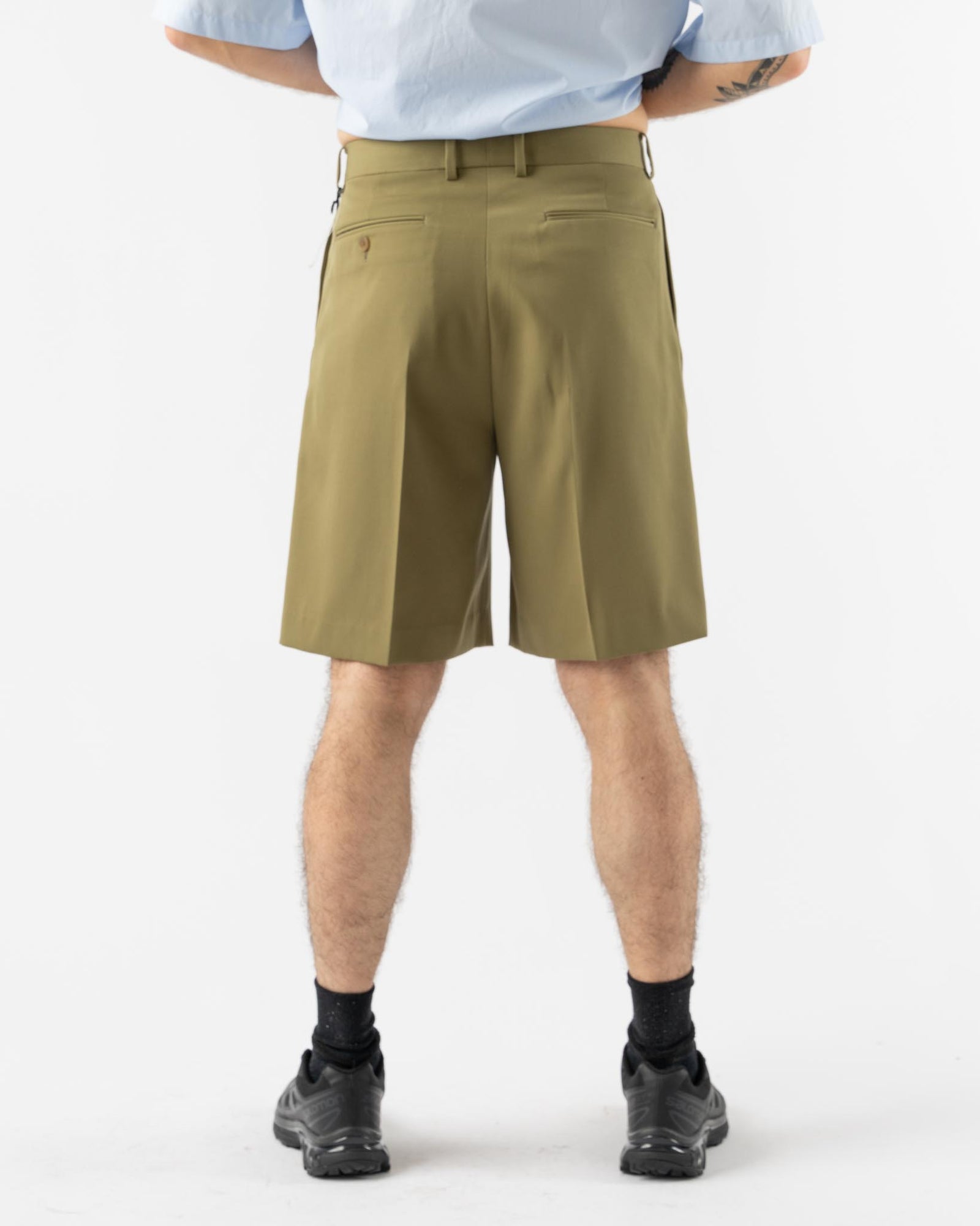 Auralee Light Wool Max Gabardine Shorts in Khaki Curated at Jake and Jones