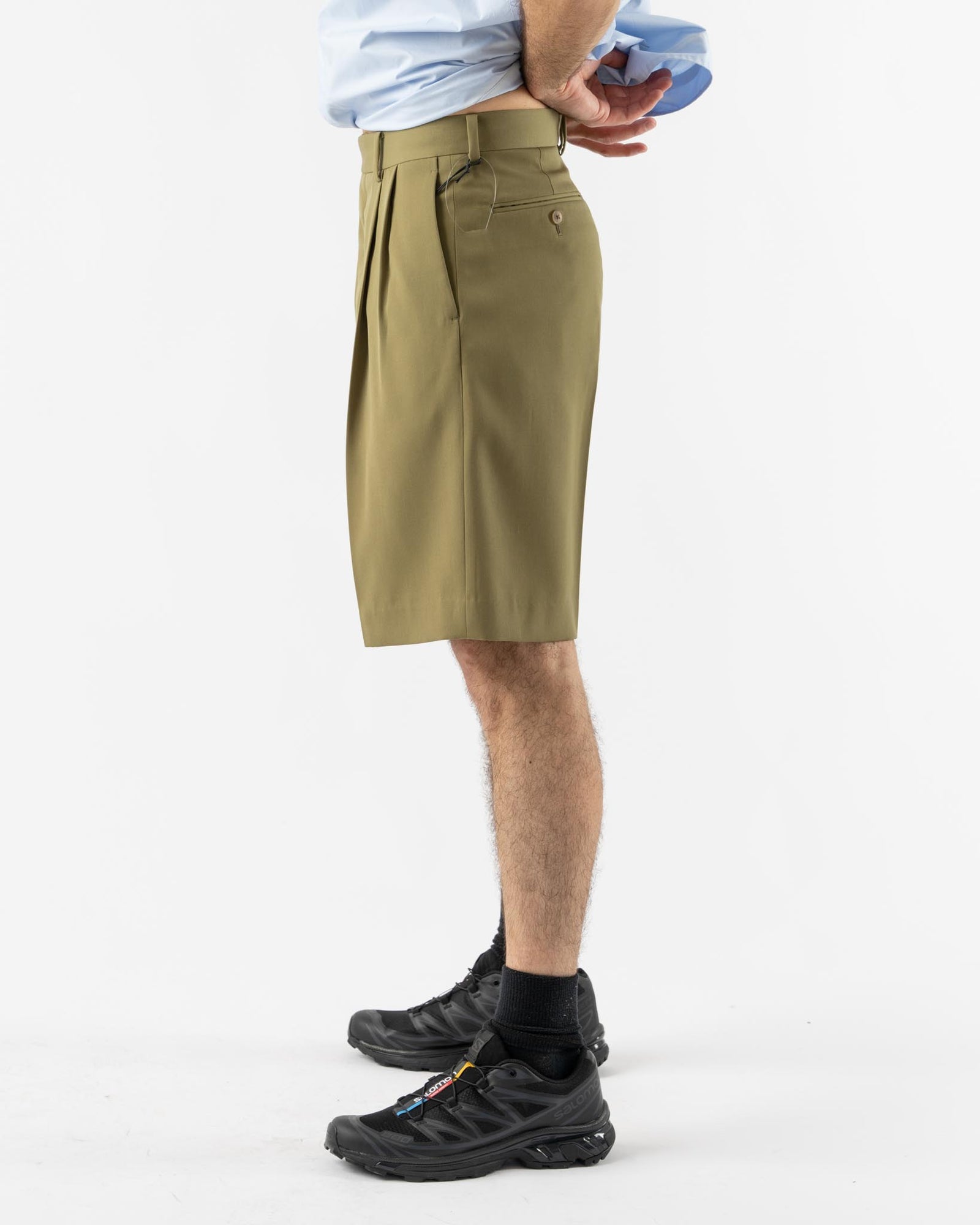 Auralee Light Wool Max Gabardine Shorts in Khaki Curated at Jake and Jones