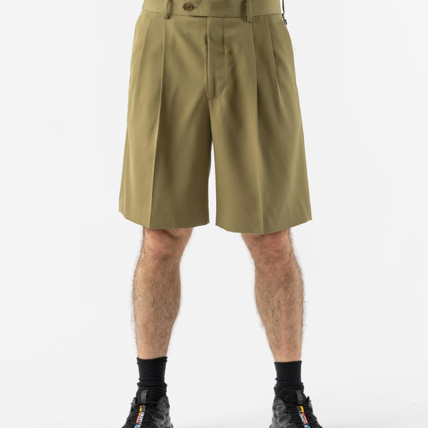 Auralee Light Wool Max Gabardine Shorts in Khaki Curated at Jake and Jones