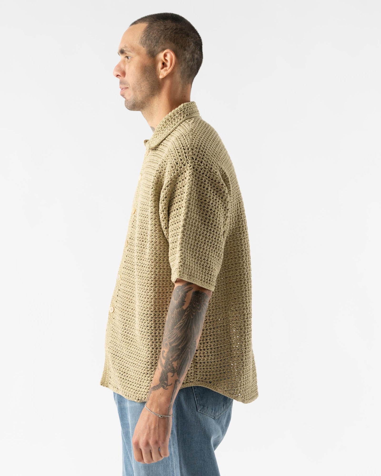 Auralee Hand Crochet Shirt in Khaki Beige Curated at Jake and Jones