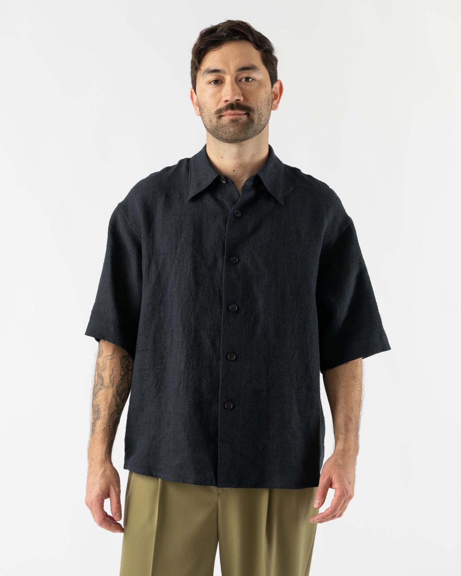 Auralee Linen Silk Tweed Half Sleeved Shirt in Dark Navy Curated at Jake  and Jones