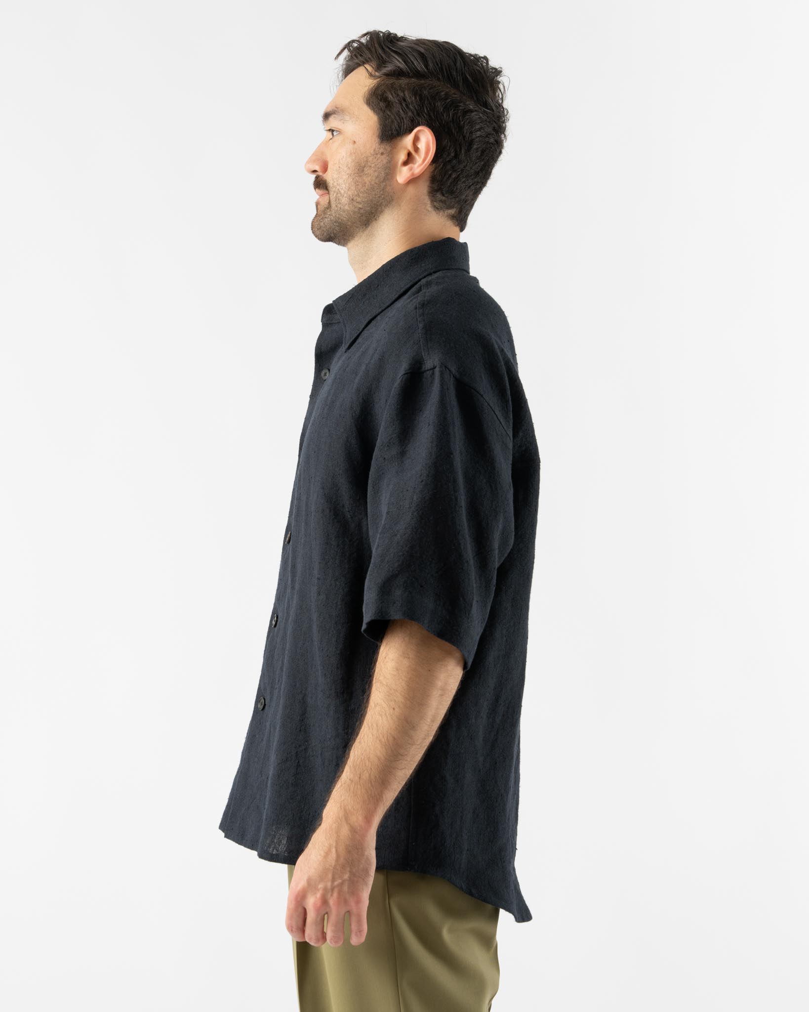 Auralee Linen Silk Tweed Half Sleeved Shirt in Dark Navy