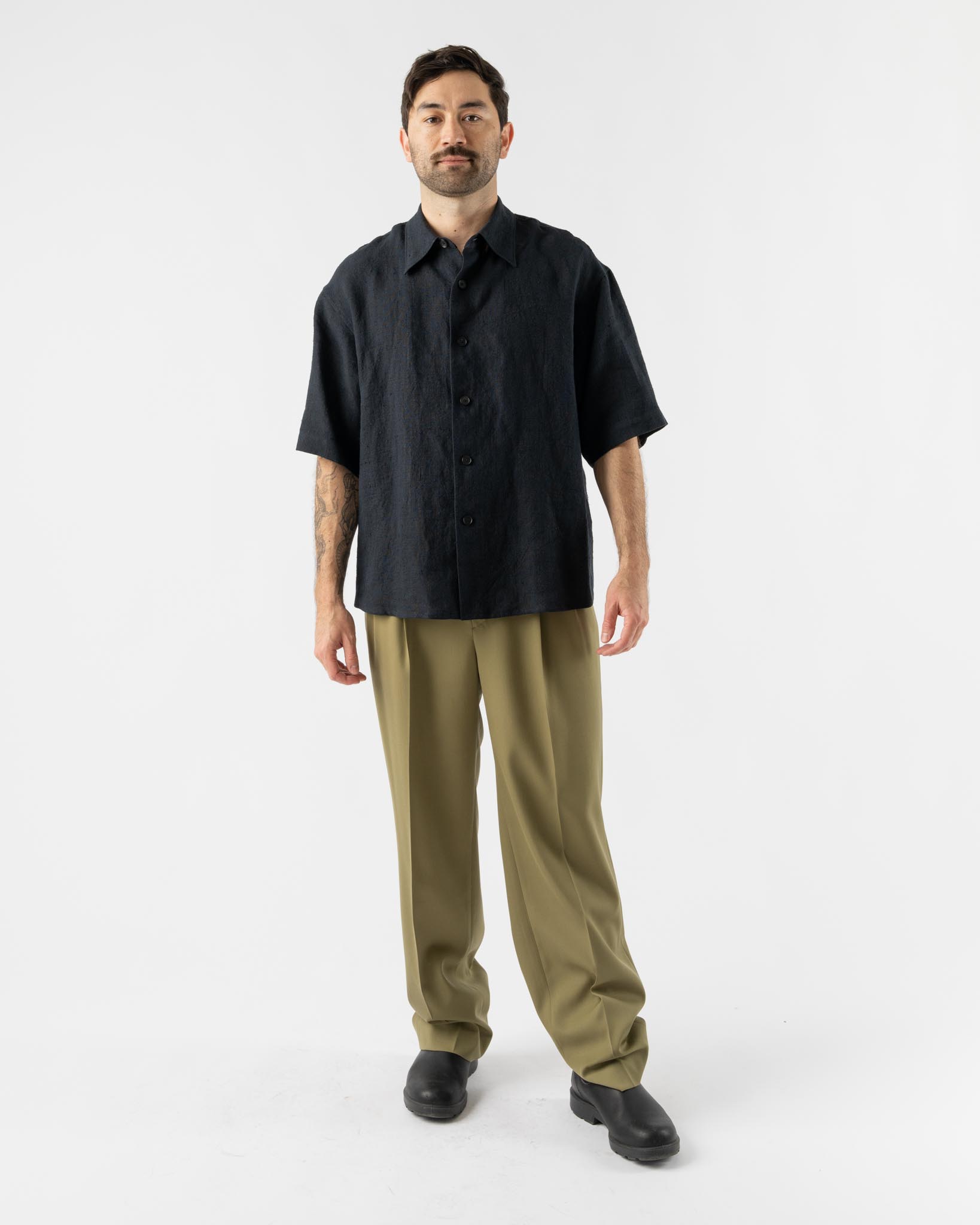 Auralee Linen Silk Tweed Half Sleeved Shirt in Dark Navy