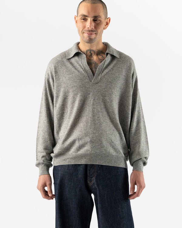 Auralee Mens Super Fine Cashmere Silk Knit Slipper Polo in Top Gray