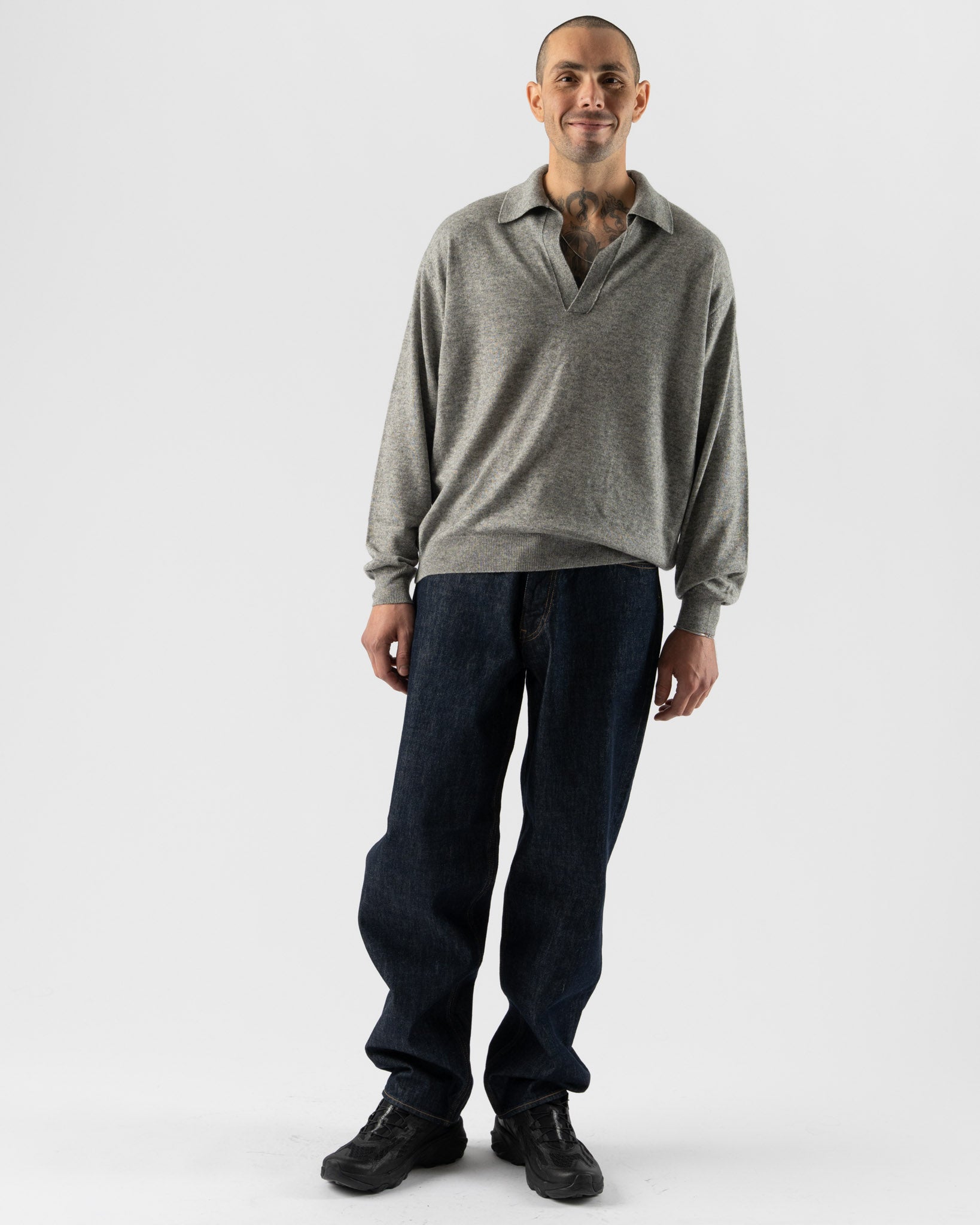 Auralee Mens Super Fine Cashmere Silk Knit Slipper Polo in Top Gray