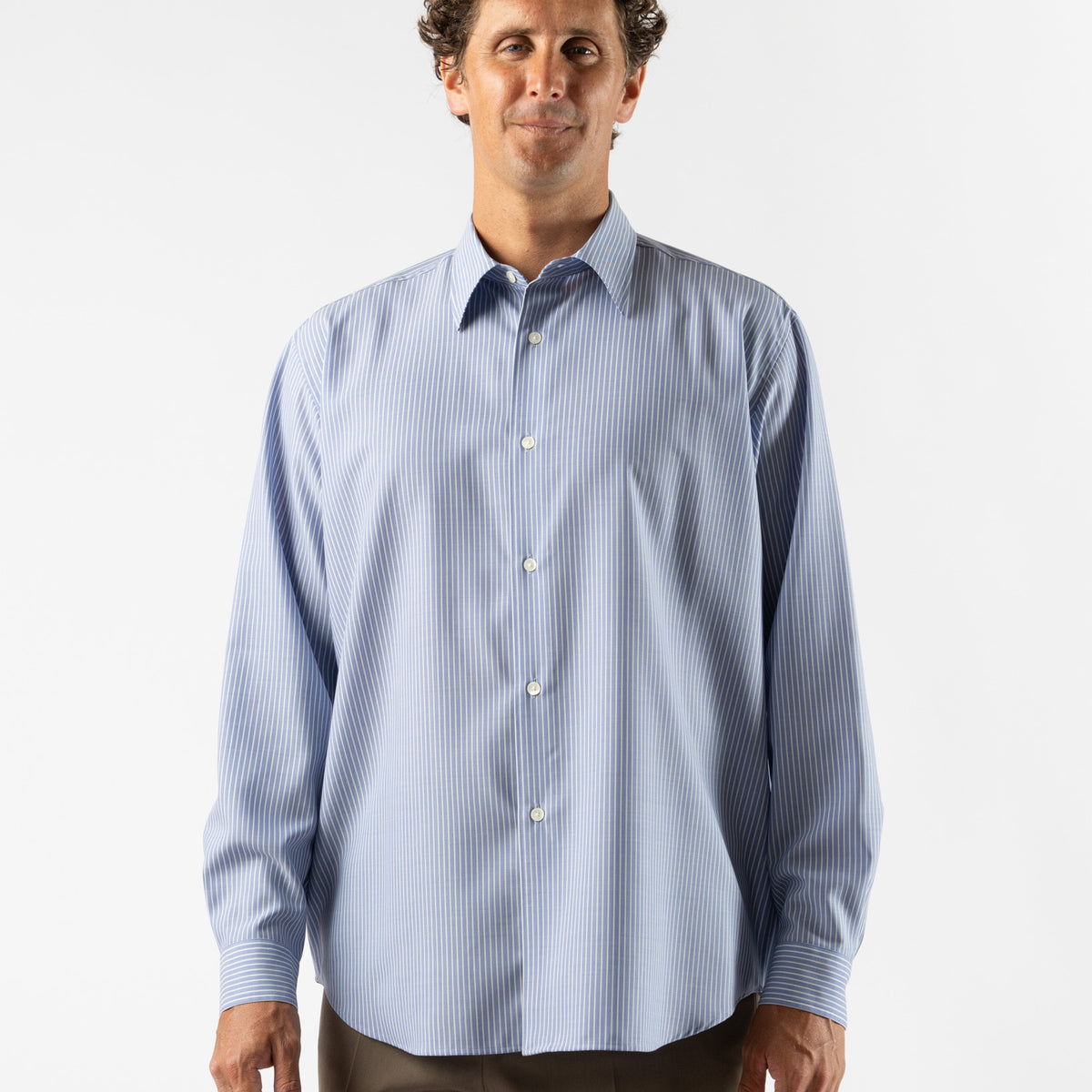Auralee Super Fine Wool Striped Shirt in Sax Blue Stripe Curated 