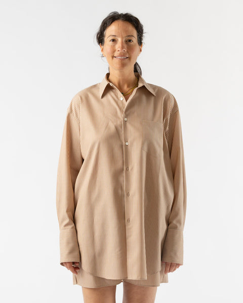 Auralee Super Fine Wool Stripe Shirt in Light Brown Stripe Curated