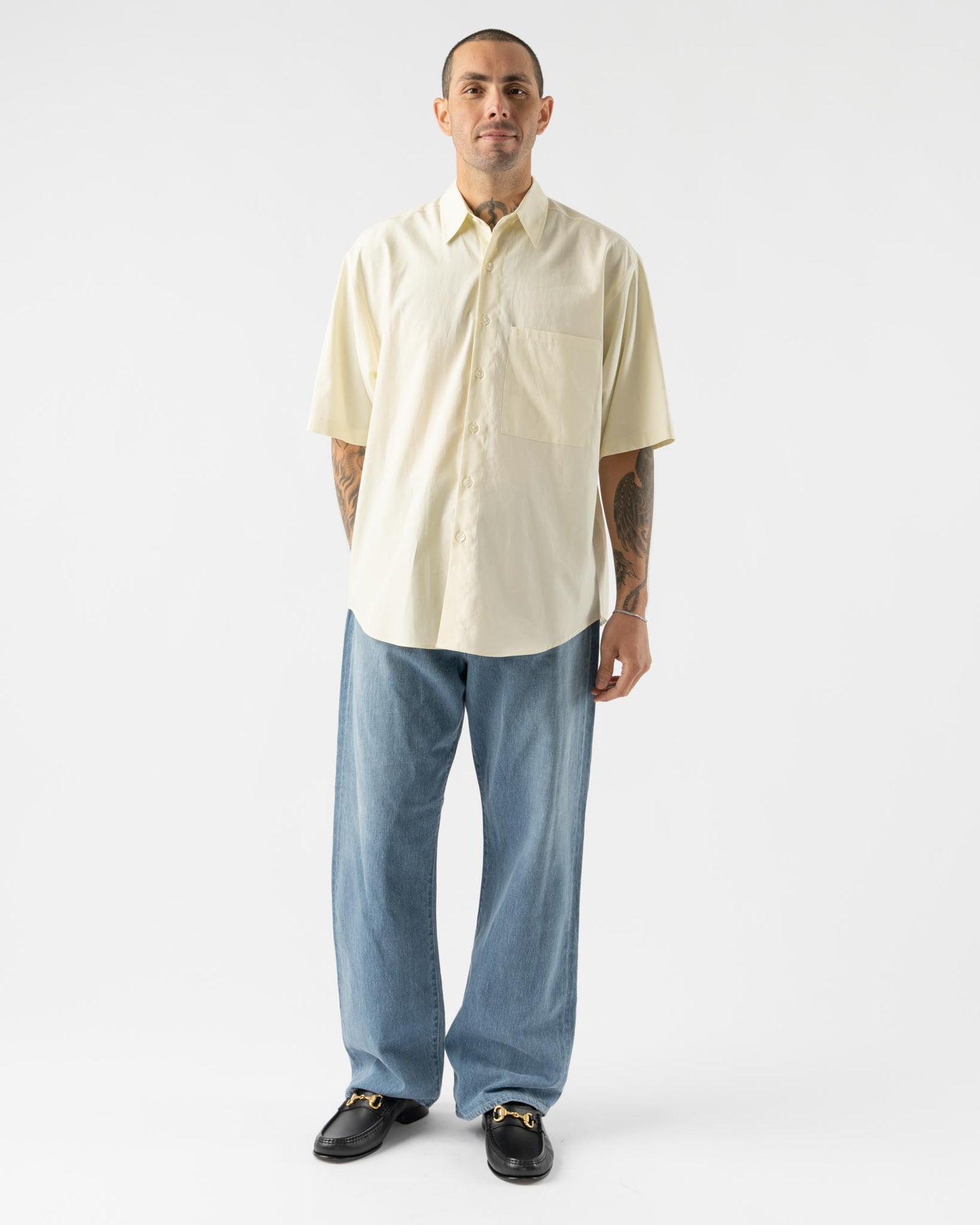 Auralee Washed Finx Twill Big Half Sleeved Shirt in Light Yellow Curated at  Jake and Jones