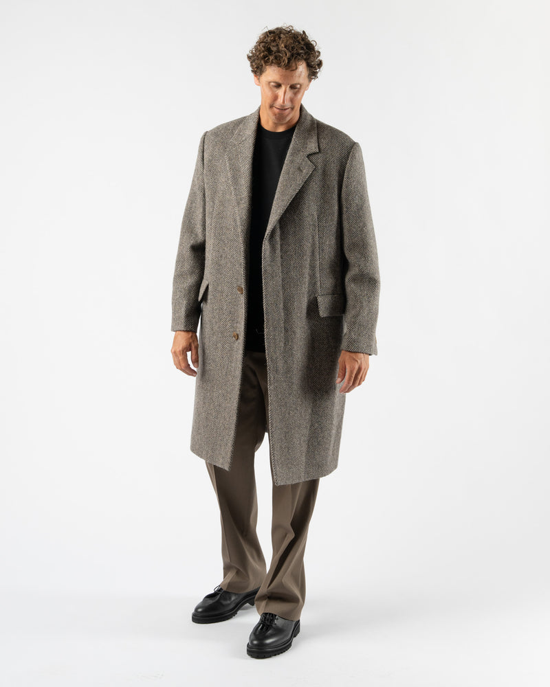 Auralee Lama Shetland Wool Tweed Chesterfield Coat in Khaki Tweed