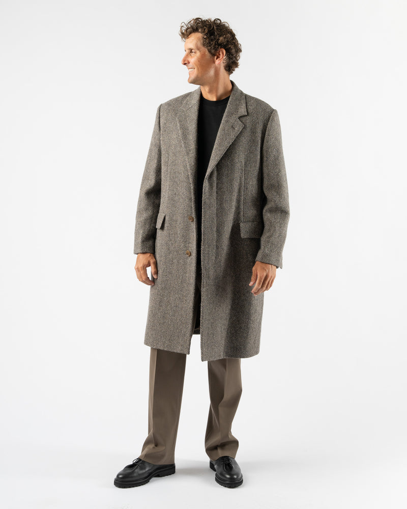 Auralee Lama Shetland Wool Tweed Chesterfield Coat in Khaki Tweed