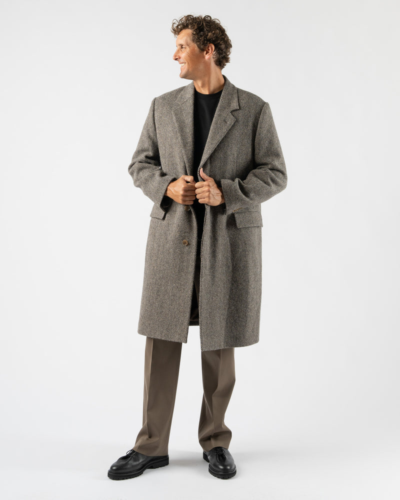 Auralee Lama Shetland Wool Tweed Chesterfield Coat in Khaki Tweed