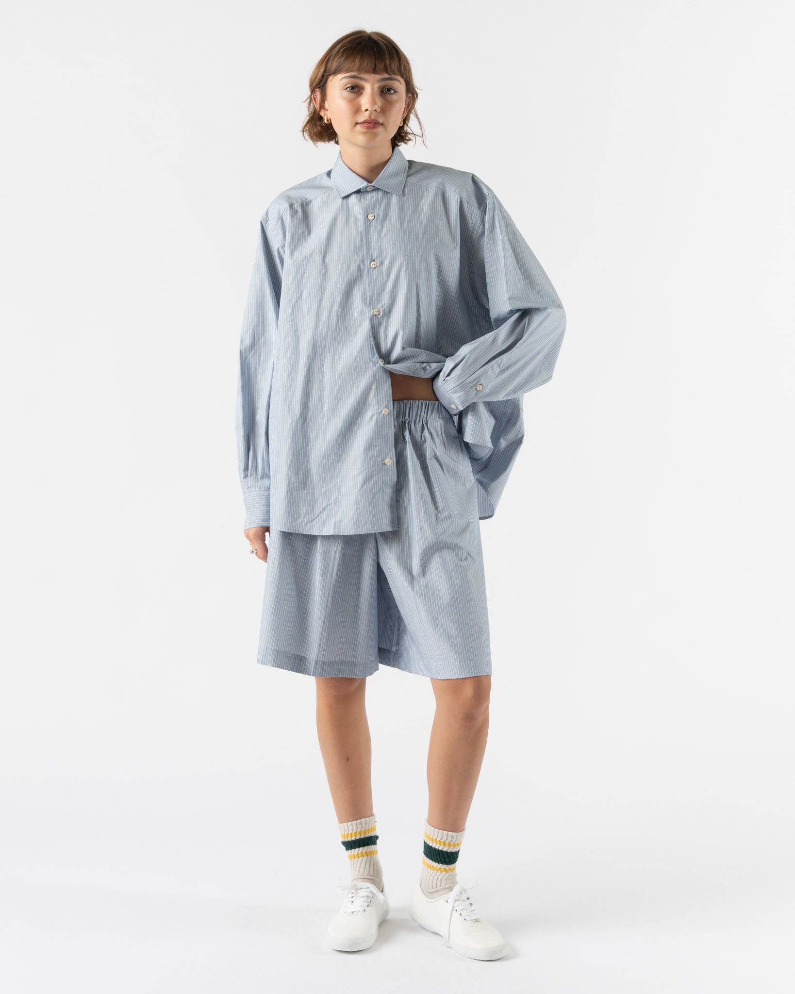 Baserange Claude Shorts in Blue Stripe Curated at Jake and Jones