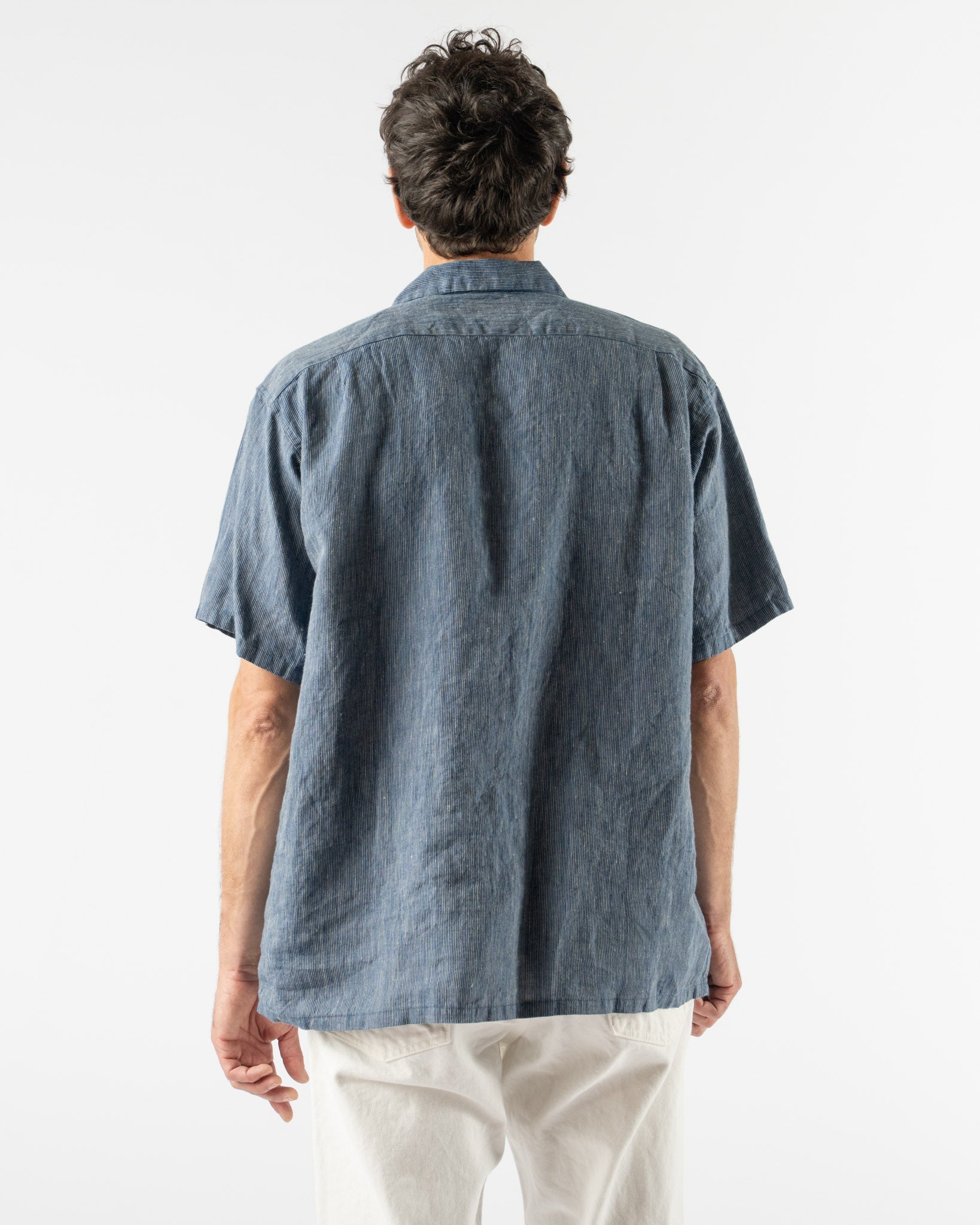 Beams Plus Open Collar Indigo Linen Stripe Shirt