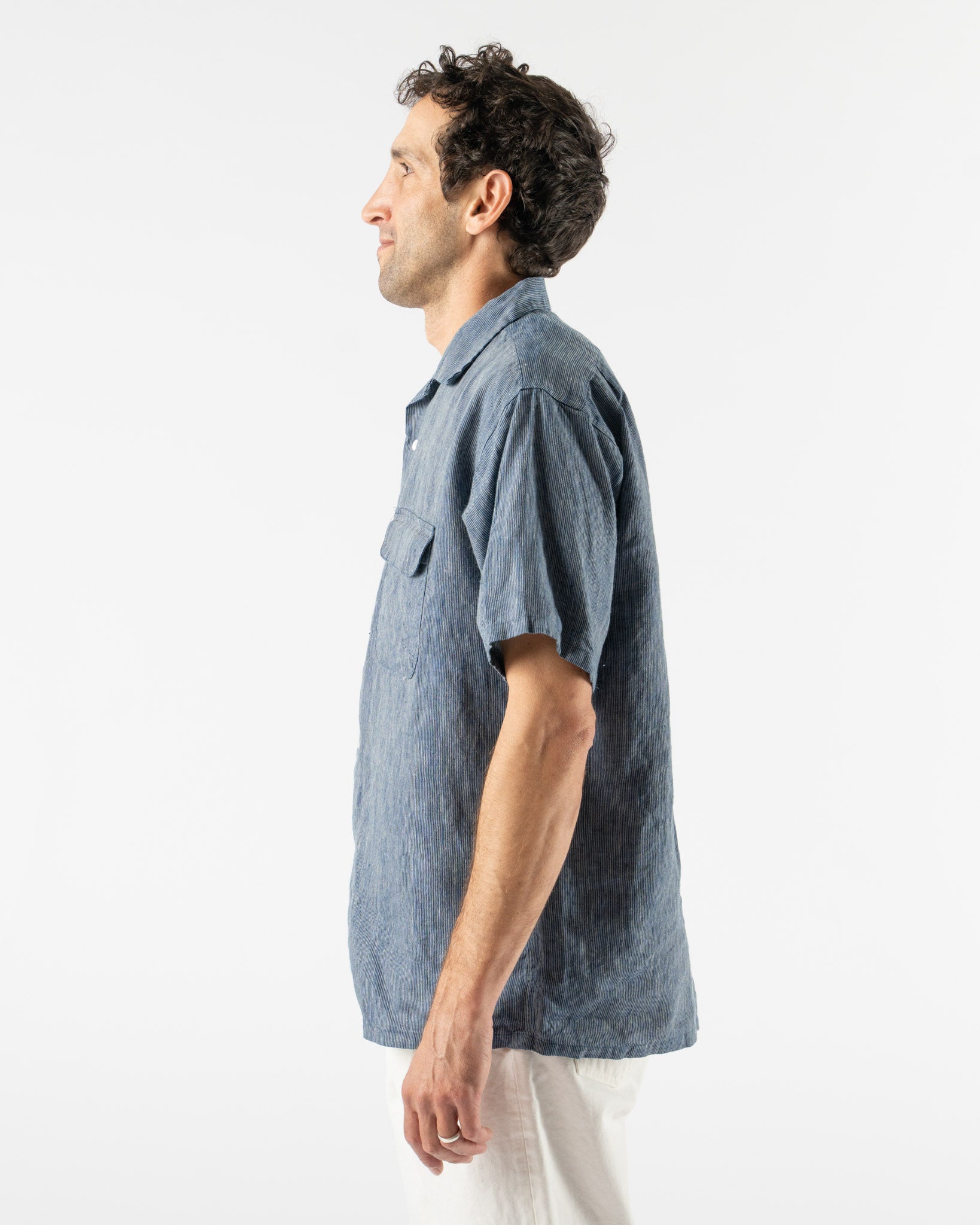 Beams Plus Open Collar Indigo Linen Stripe Shirt