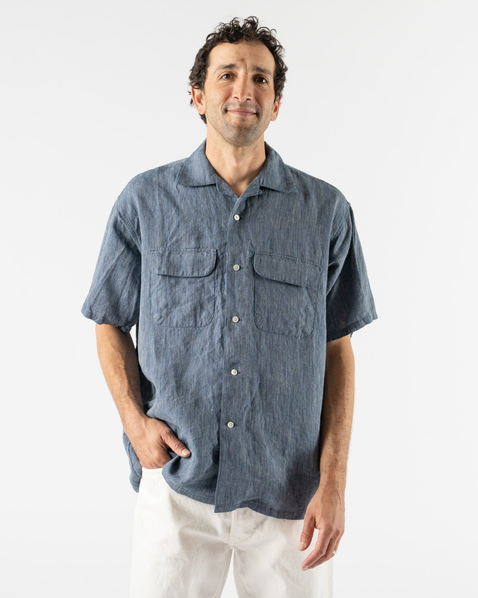 Beams Plus Open Collar Indigo Linen Stripe Shirt Curated at Jake