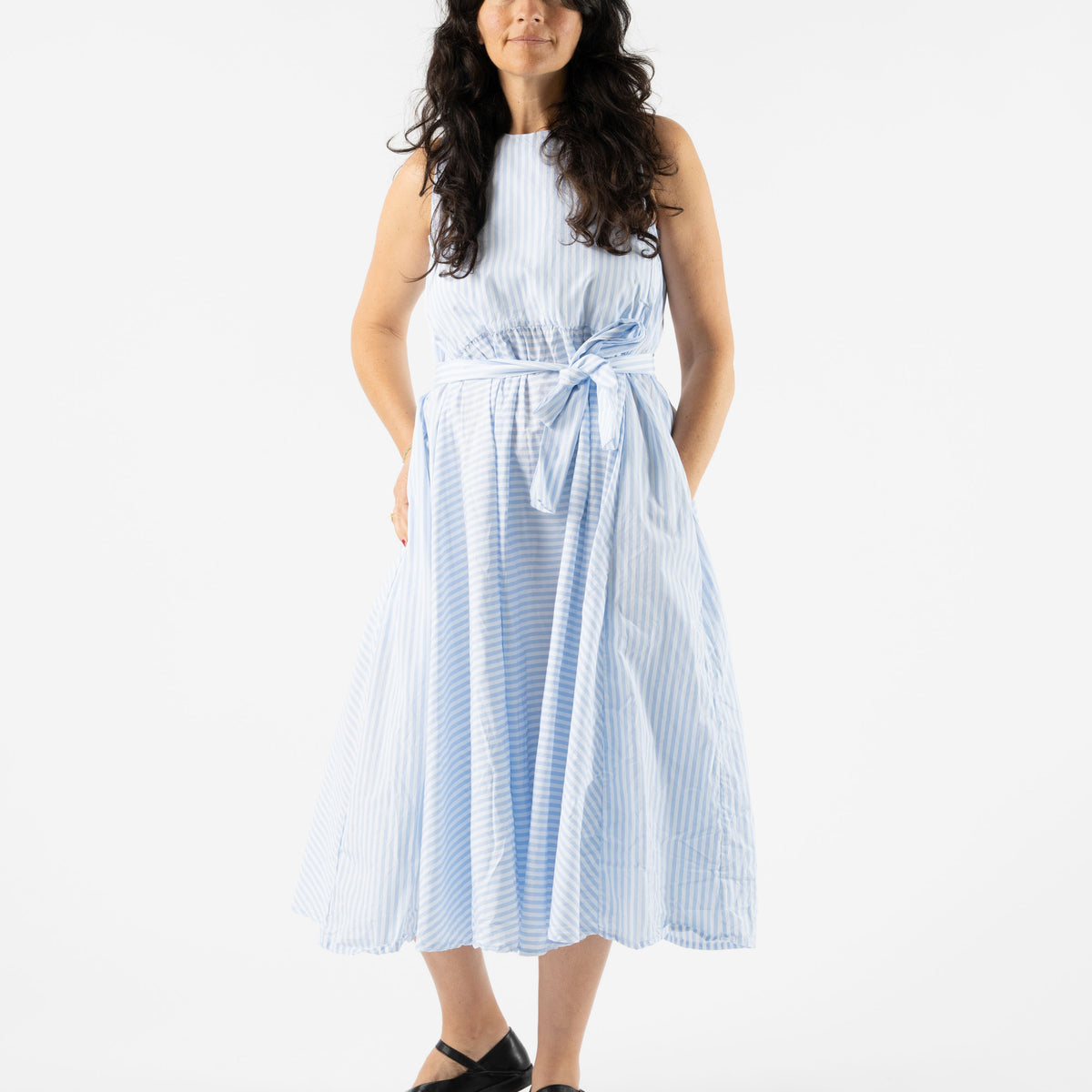 Bergfabel Apron Dress in Light Blue Stripe Curated at Jake and Jones