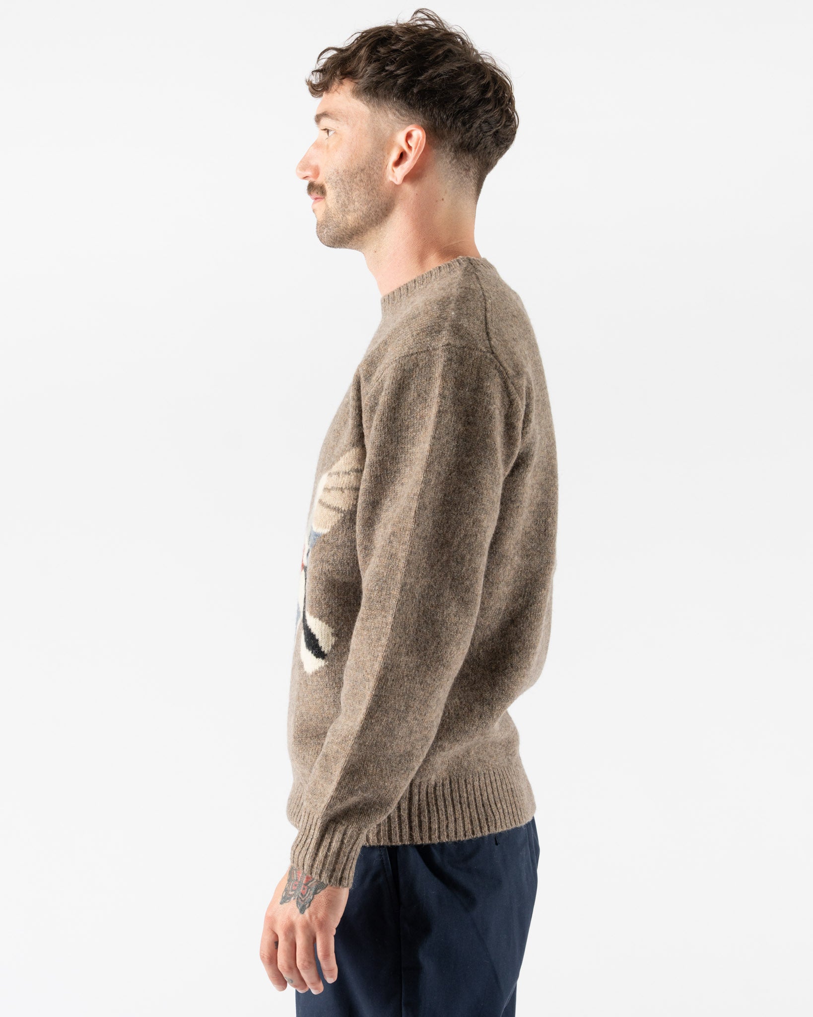 Beams Plus Crew Intarsia Duck Pattern in Beige