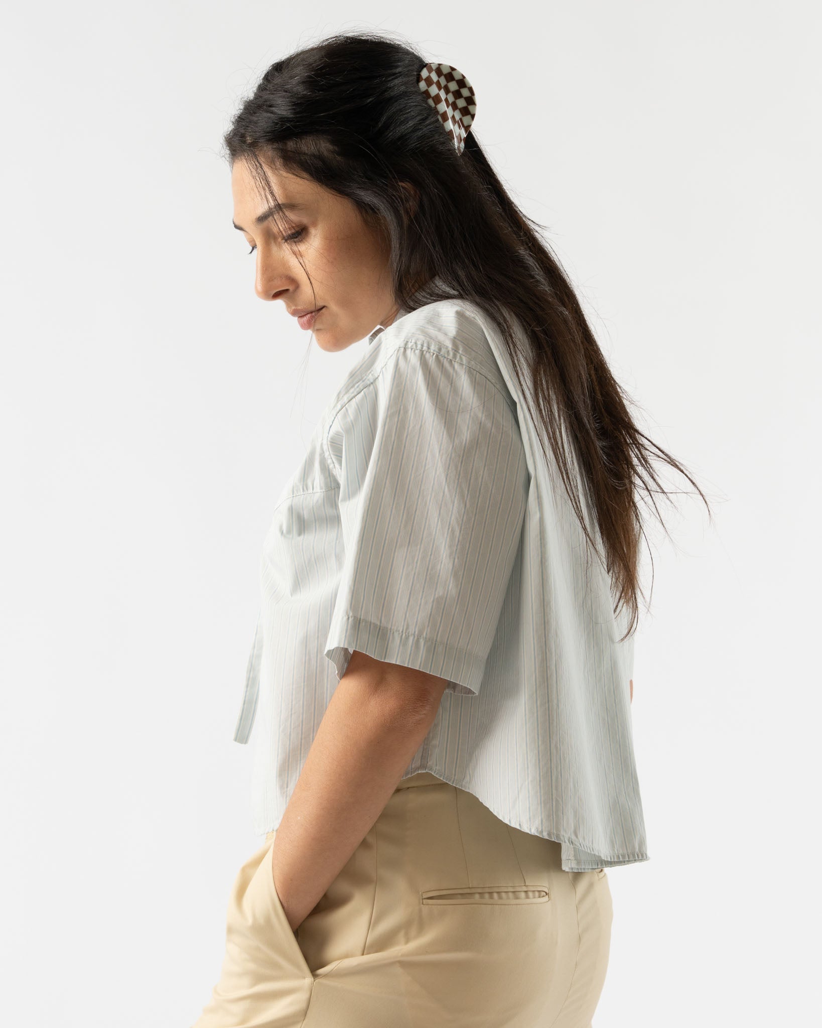BLANK Crest Half Shirt in Blue/Natural Stripe Poplin