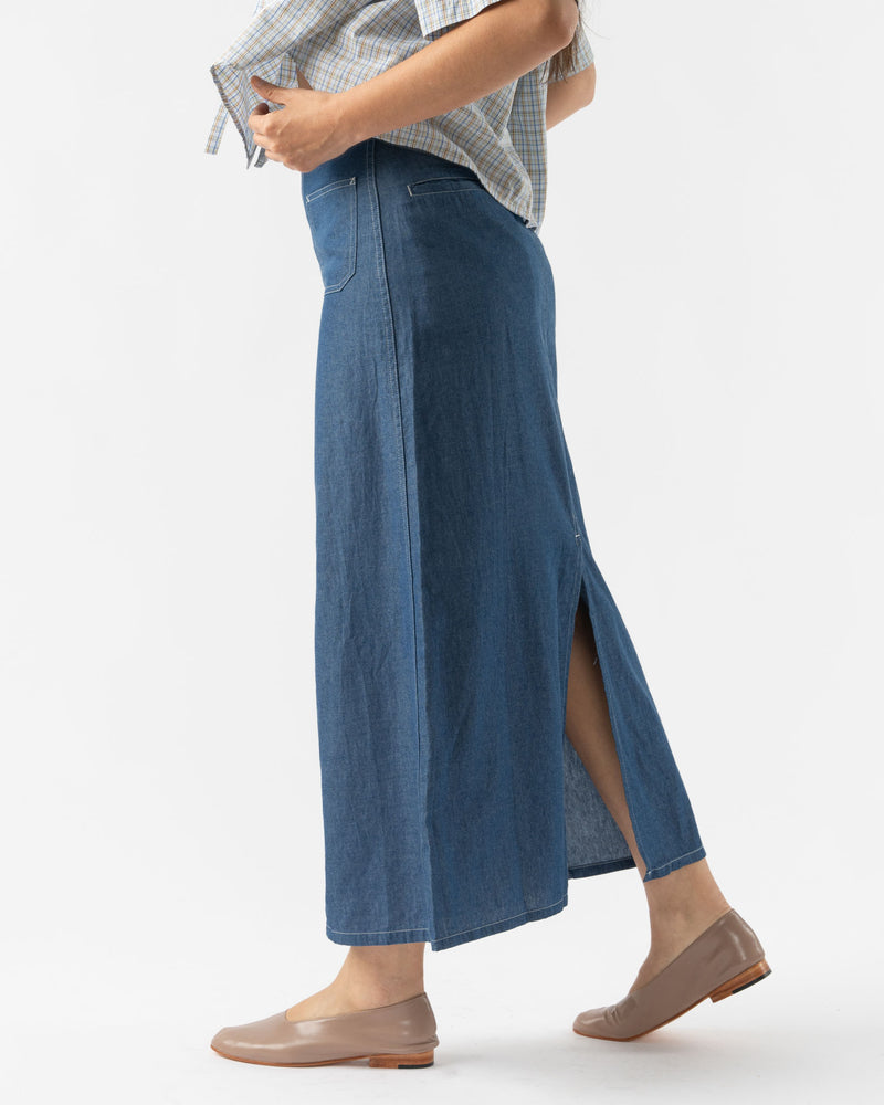 BLANK Lace Up Skirt in Blue Cotton Denim Shirting