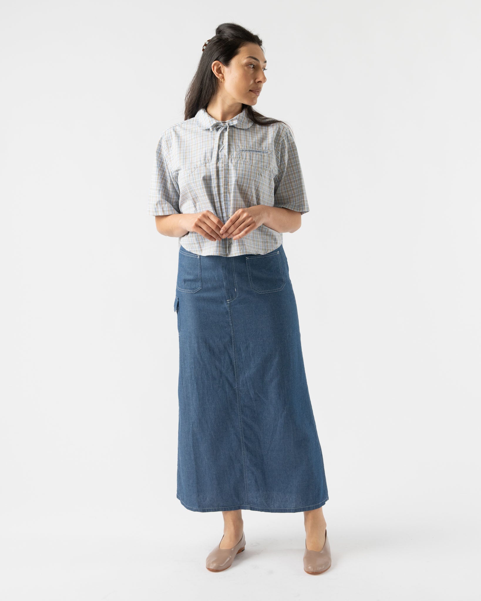 BLANK Lace Up Skirt in Blue Cotton Denim Shirting