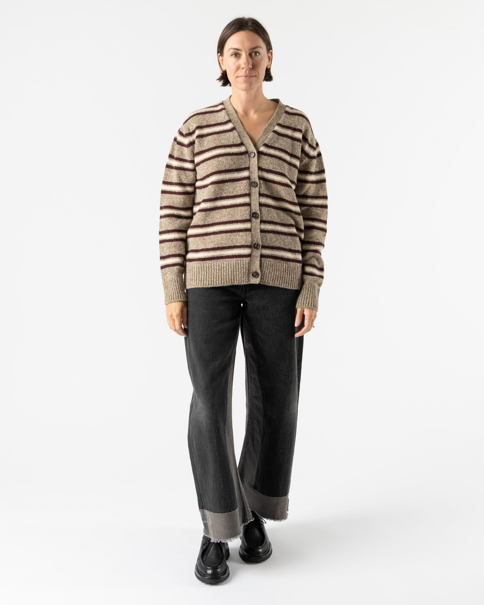 &Daughter Shetland Stripe Cardigan in Dark Natural, Burgundy & Ecru