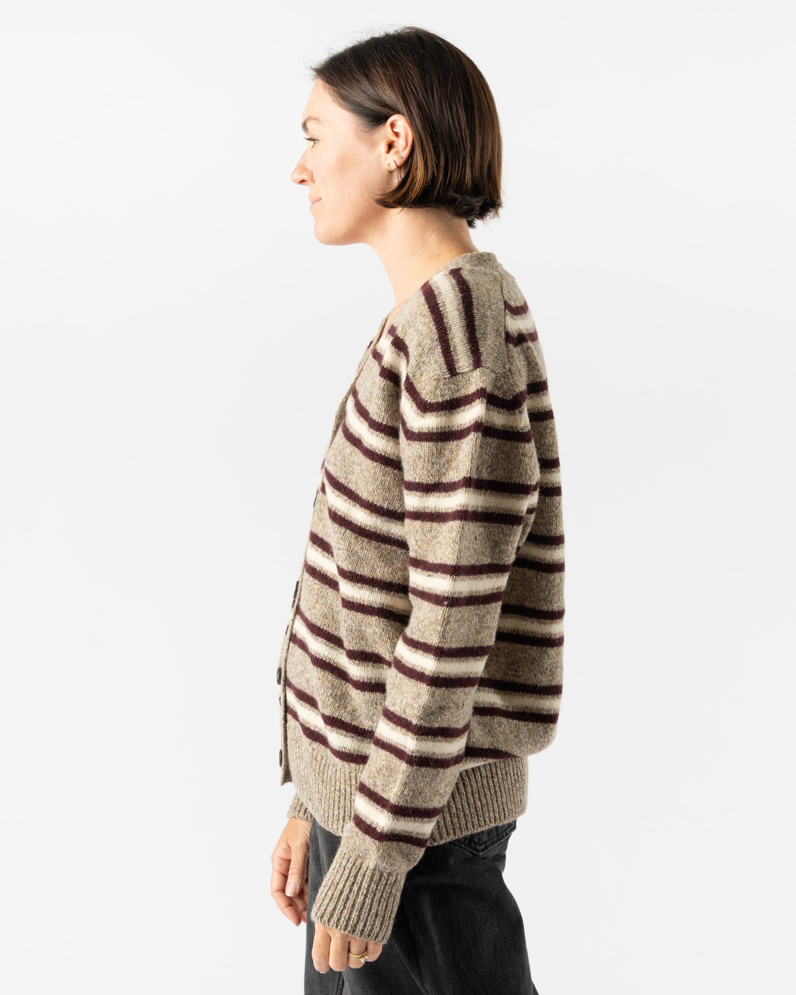 &Daughter Shetland Stripe Cardigan in Dark Natural, Burgundy & Ecru