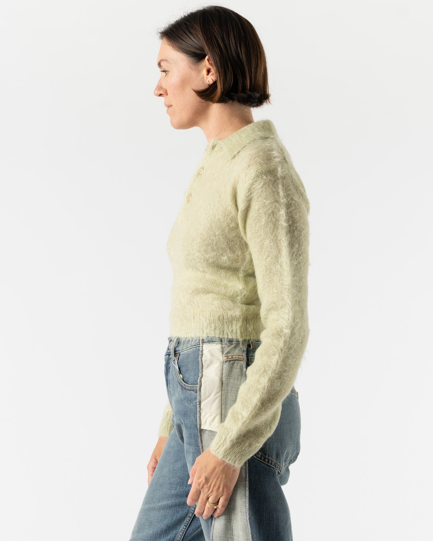 Auralee Brushed Super Kid Mohair Knit Polo in Light Khaki Curated