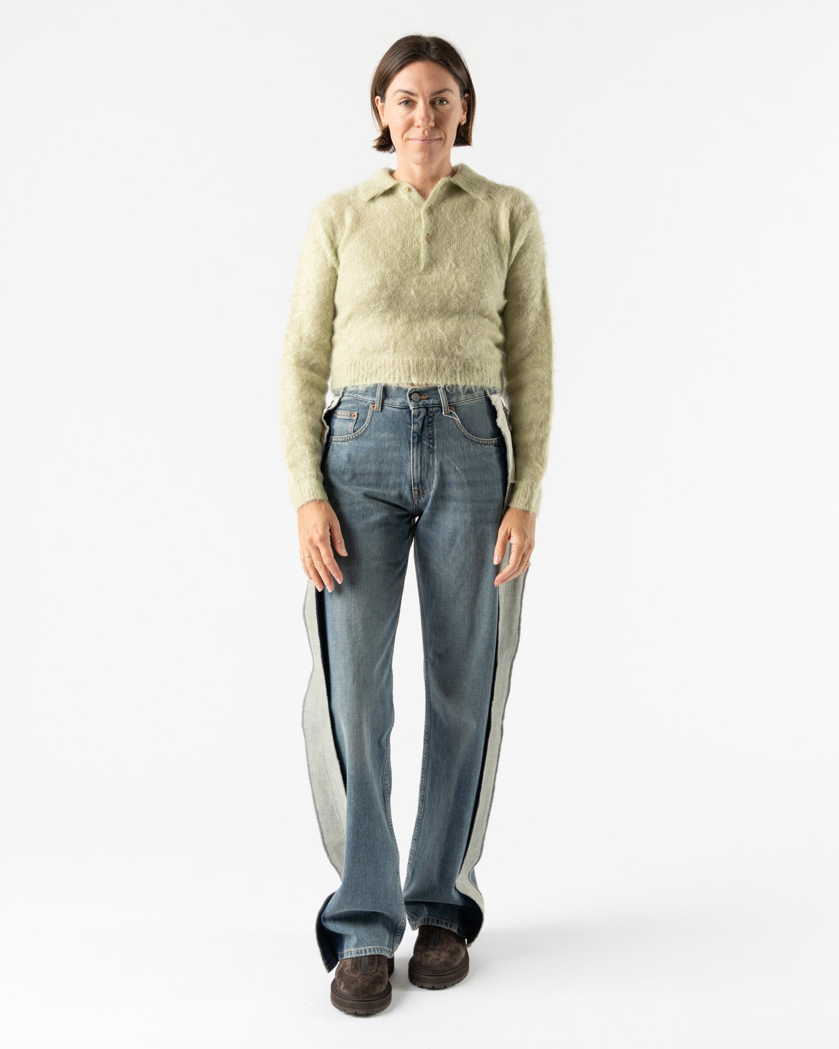 Auralee Brushed Super Kid Mohair Knit Polo in Light Khaki