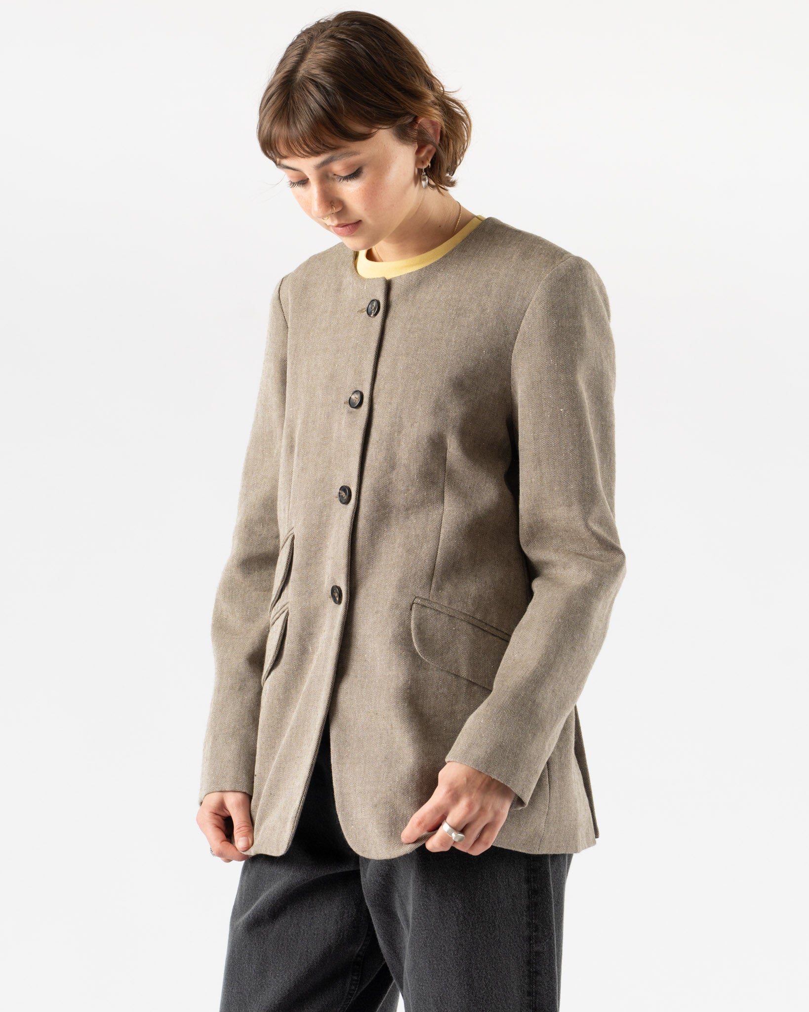 Cawley Japanese Linen Wool Constance Jacket in Chocolate/Natural Twill