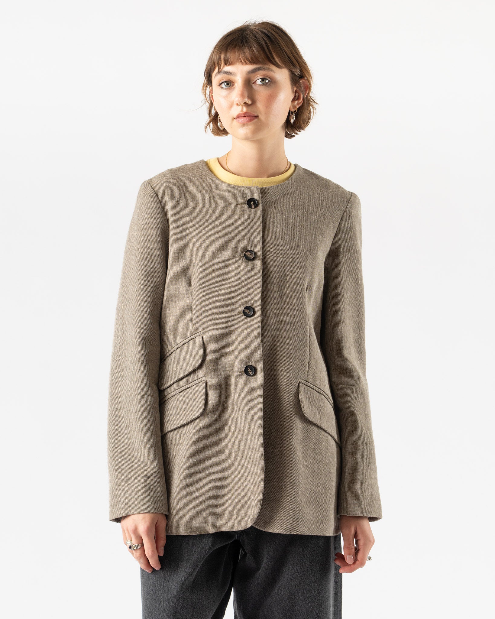 Cawley Japanese Linen Wool Constance Jacket in Chocolate/Natural Twill