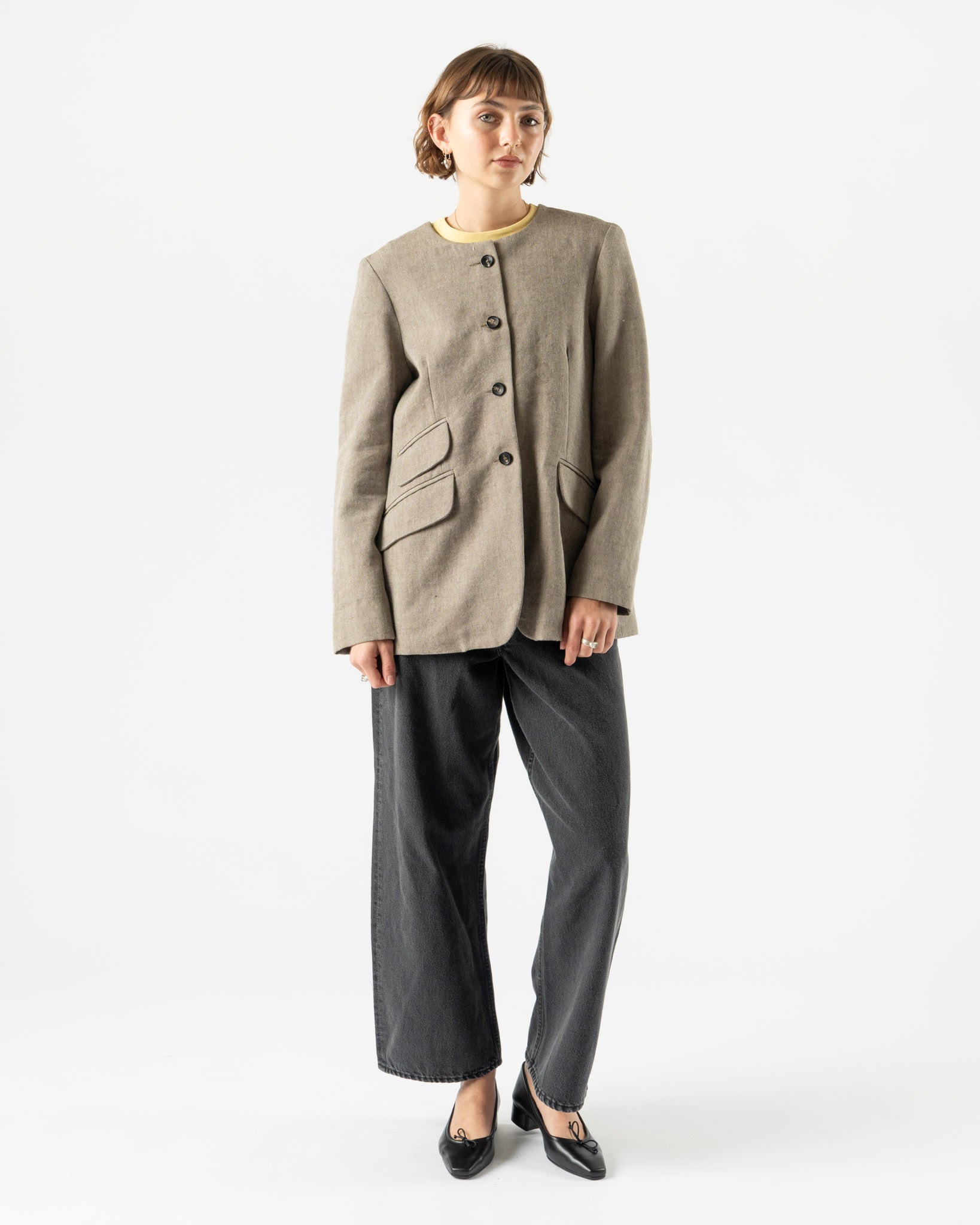 Cawley Japanese Linen Wool Constance Jacket in Chocolate/Natural Twill