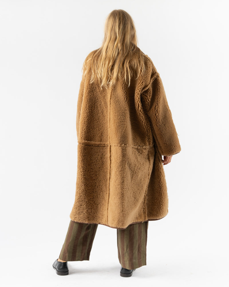 Cawley Sheepskin Suede Curly Roo Coat in Tan