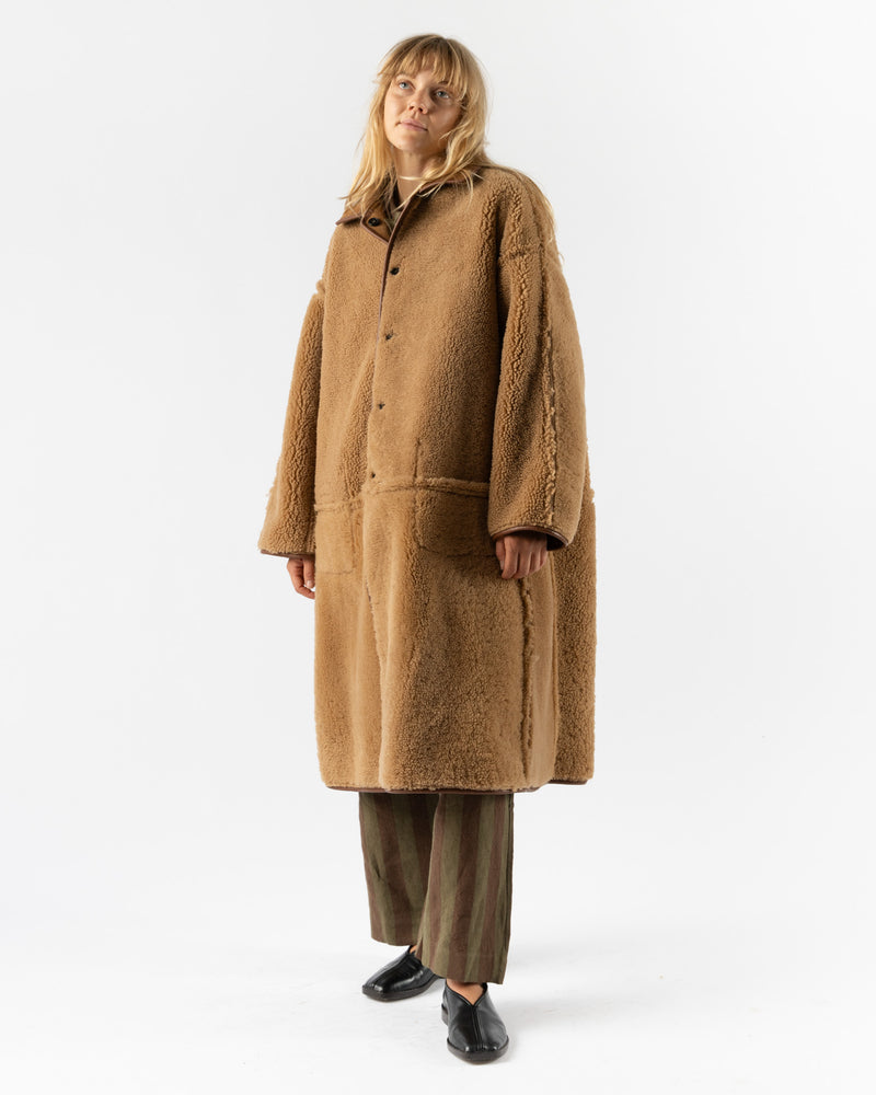 Cawley Sheepskin Suede Curly Roo Coat in Tan