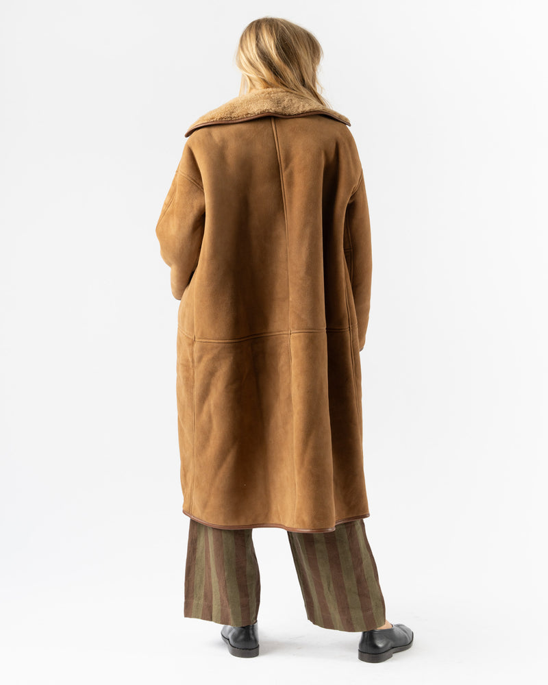 Cawley Sheepskin Suede Curly Roo Coat in Tan