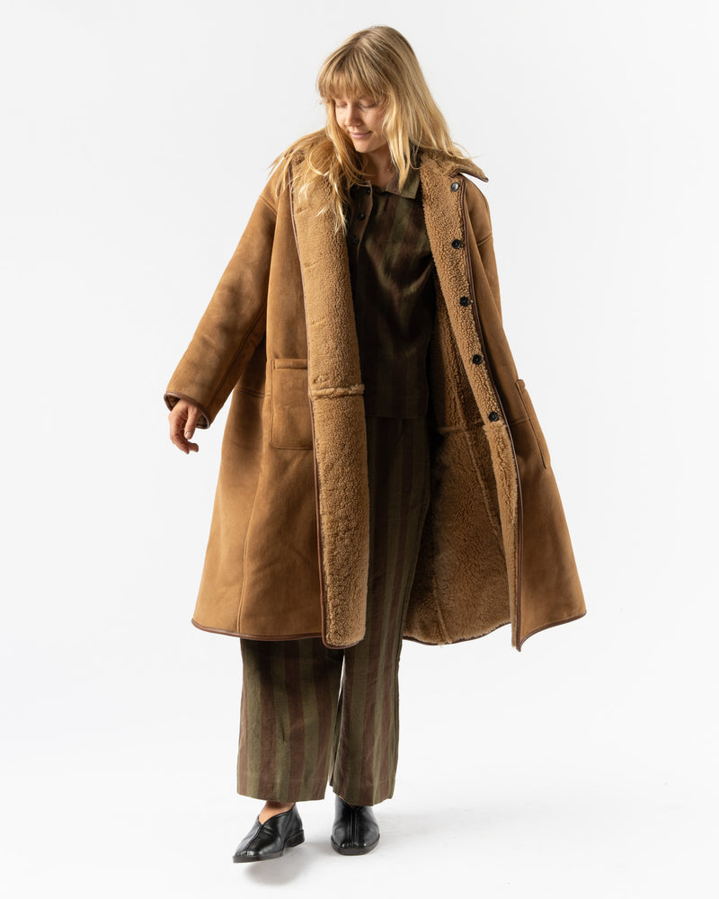 Cawley Sheepskin Suede Curly Roo Coat in Tan