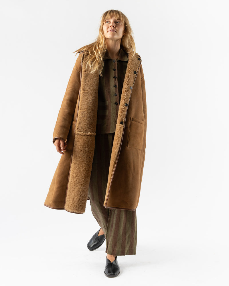 Cawley Sheepskin Suede Curly Roo Coat in Tan