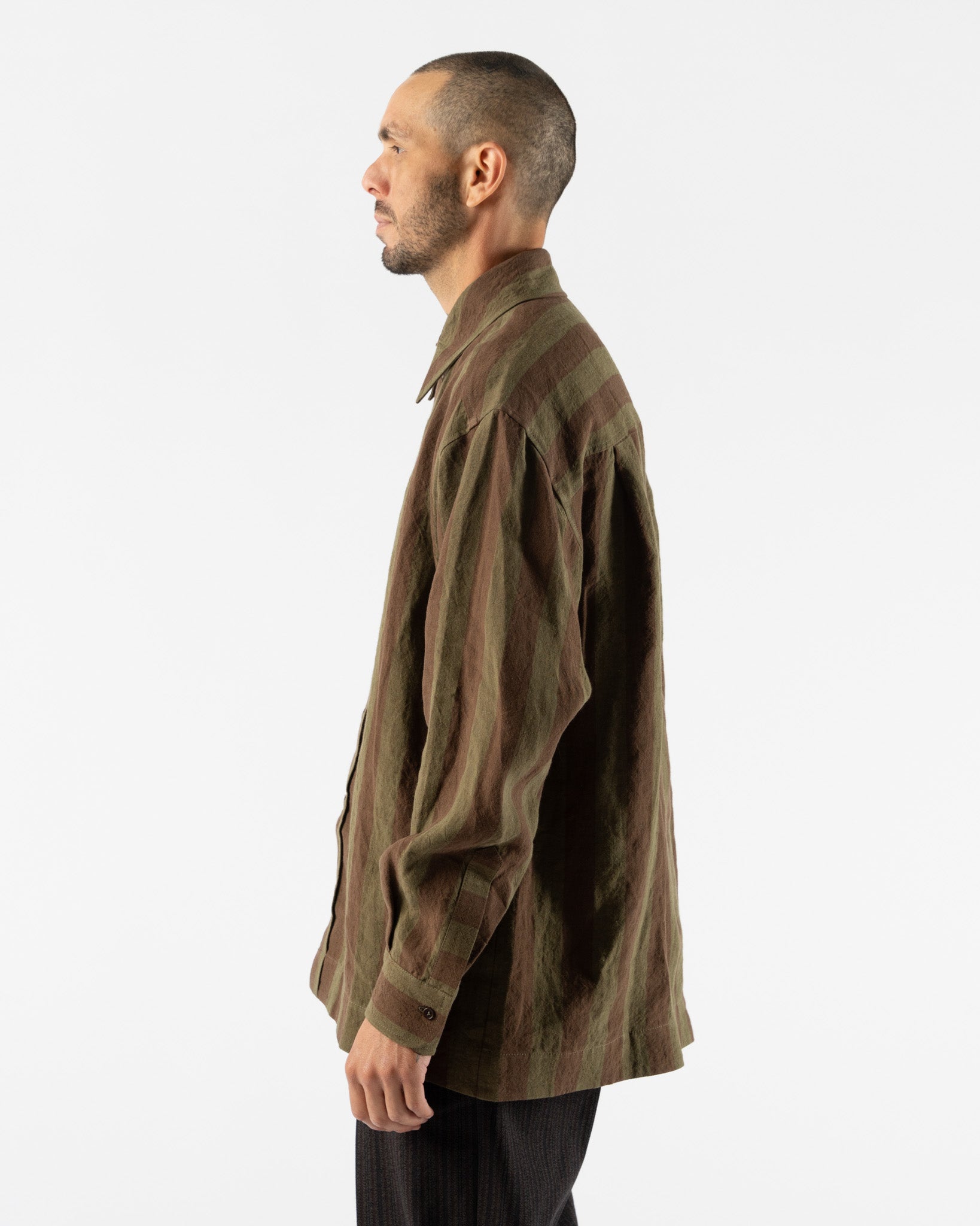 Cawley Irish Striped Linen Players Shirt in Forest/Chocolate