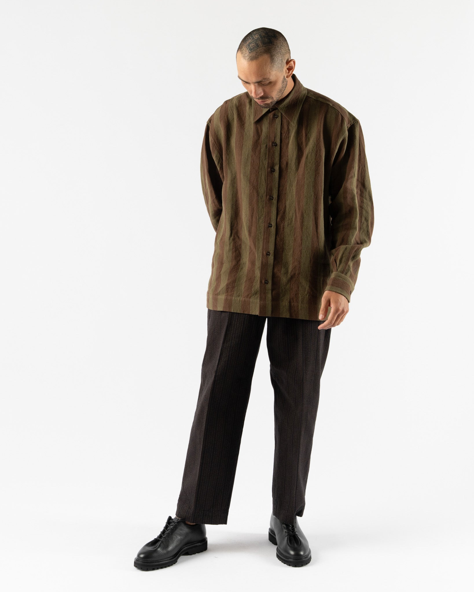 Cawley Irish Striped Linen Players Shirt in Forest/Chocolate