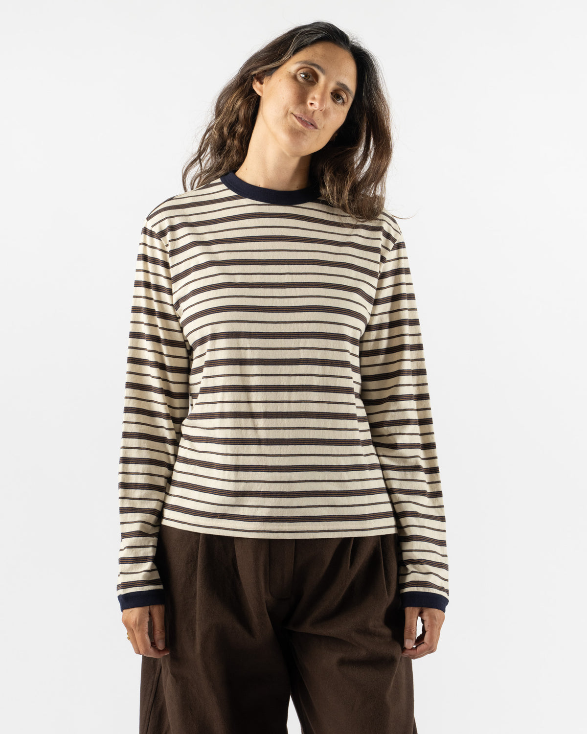 Cawley Japanese Striped Jersey L/S T-Shirt in Ecru/Navy/Ochre Stripe