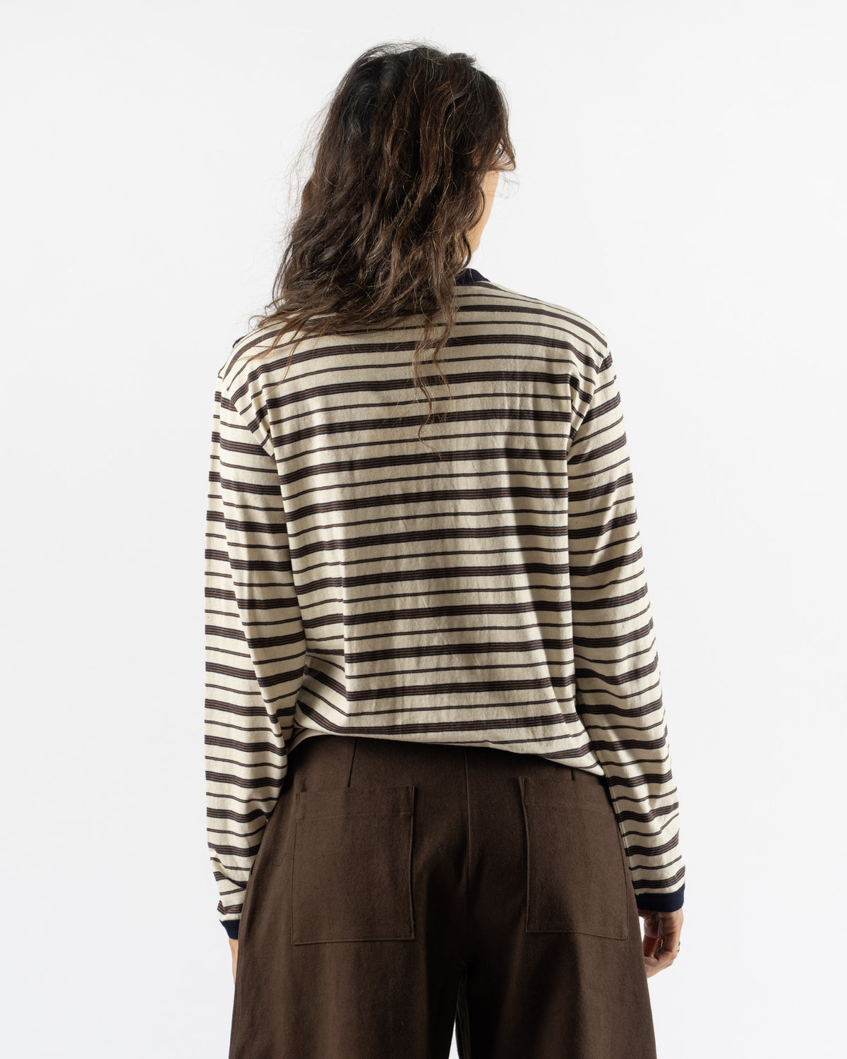 Cawley Japanese Striped Jersey L/S T-Shirt in Ecru/Navy/Ochre Stripe