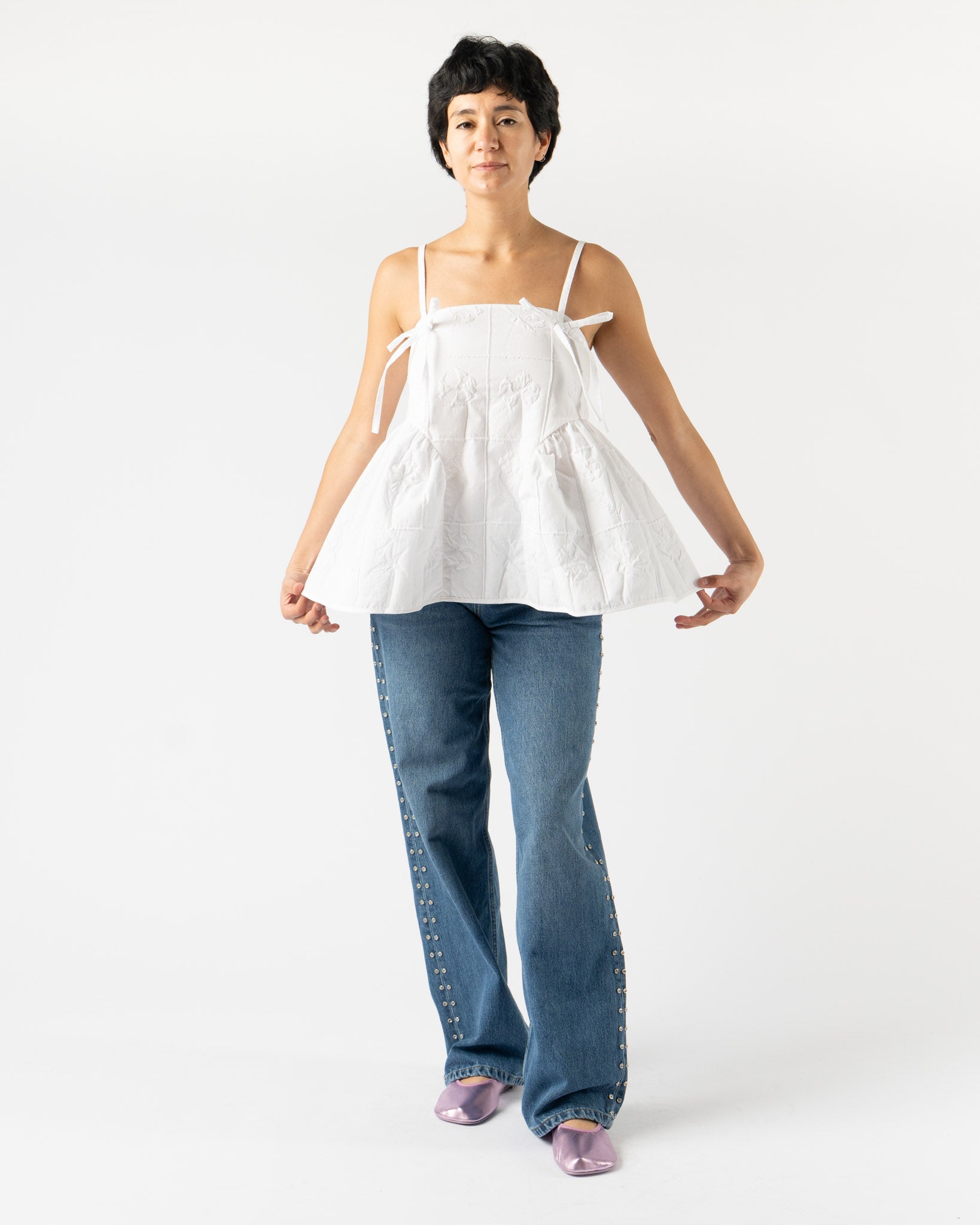 Cecilie Bahnsen Akira Top in Flora Matelassé White Curated