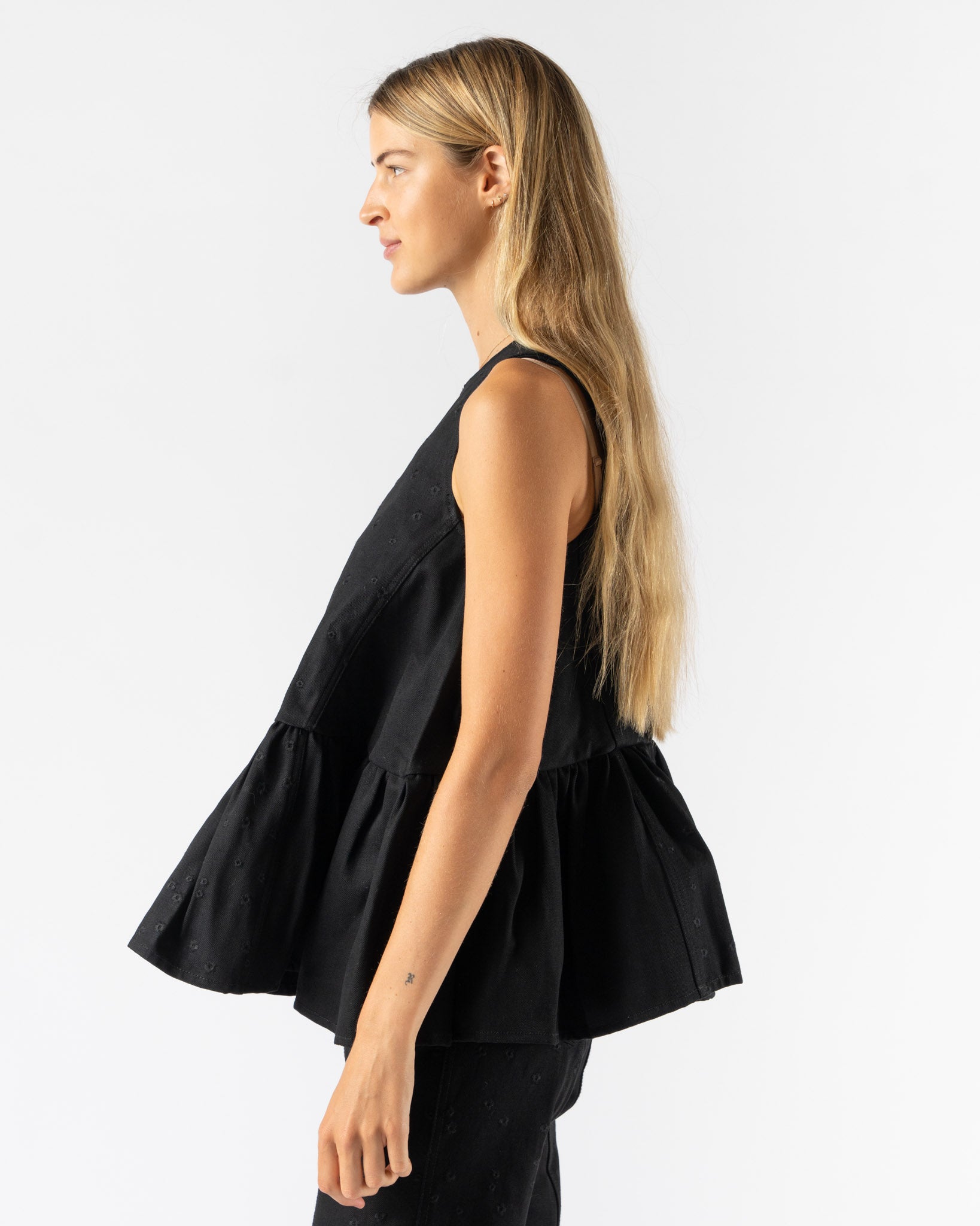 Cecilie Bahnsen Barbara Top in Embroidered Denim Black