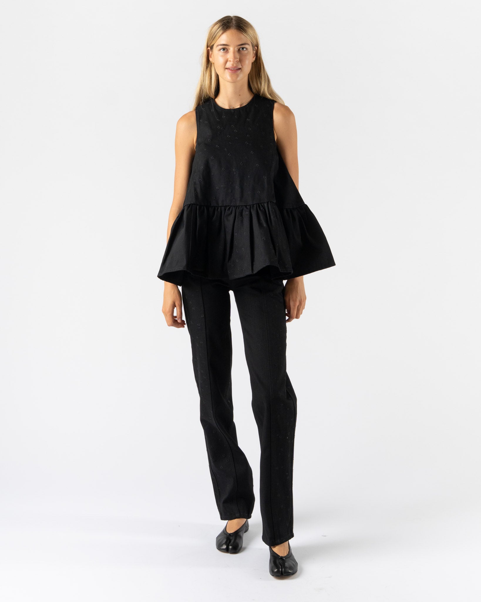 Cecilie Bahnsen Barbara Top in Embroidered Denim Black