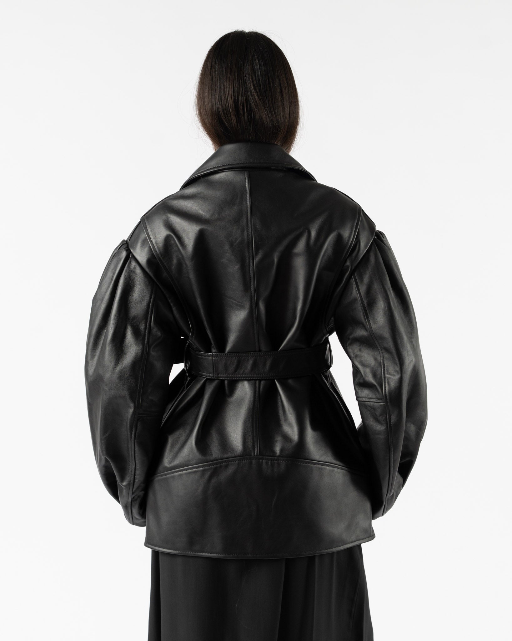 Simone Rocha Belted Long Sculpted Biker Coat in Black