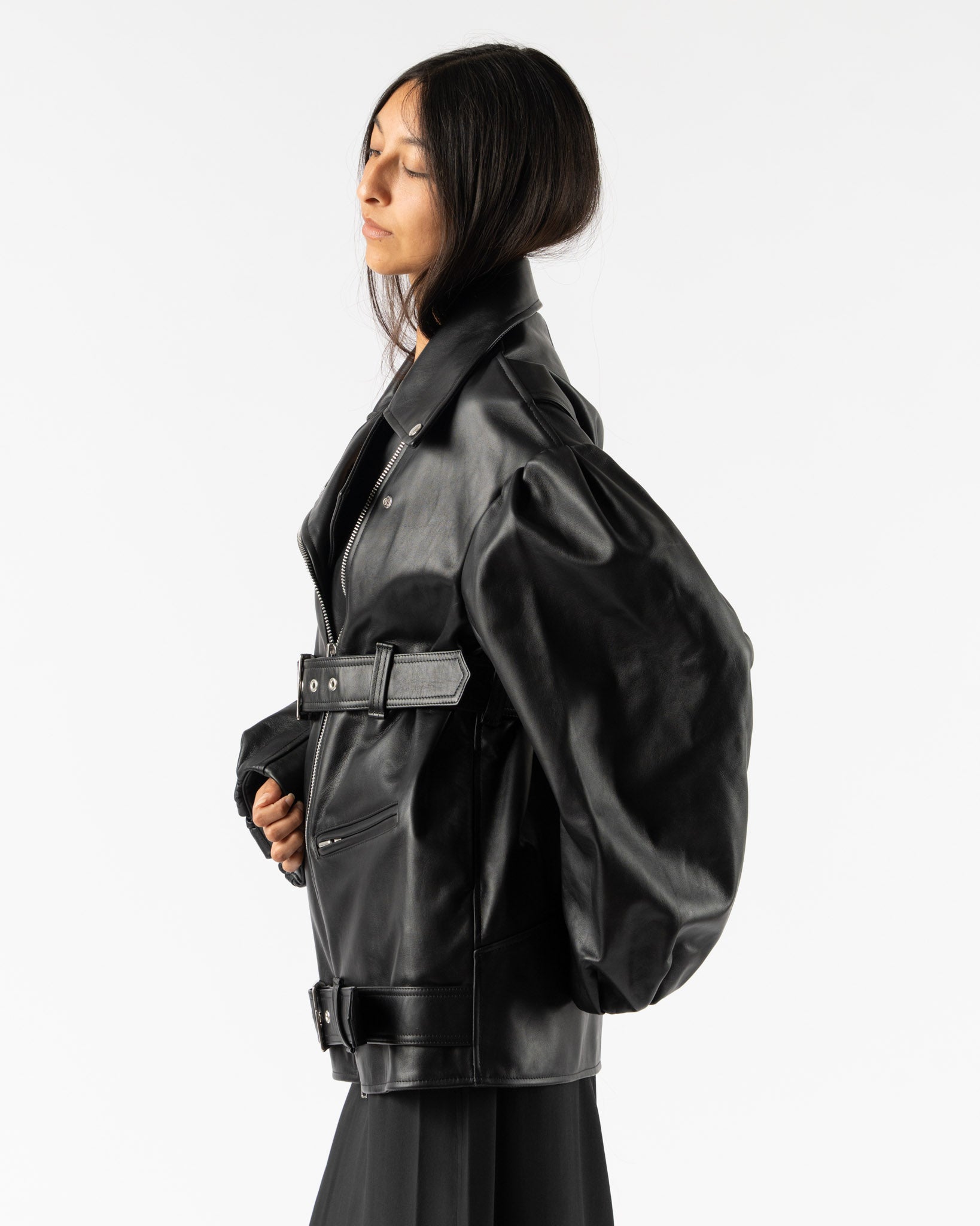 Simone Rocha Belted Long Sculpted Biker Coat in Black